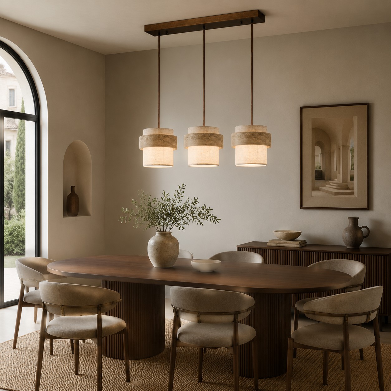 Three-head travertine fabric pendant over dining table