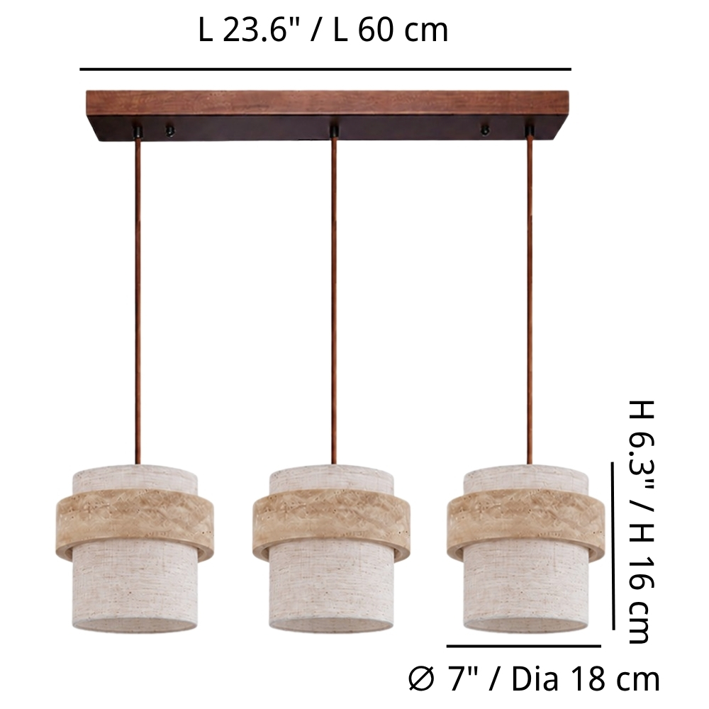 3 Heads travertine fabric pendant dimensions view