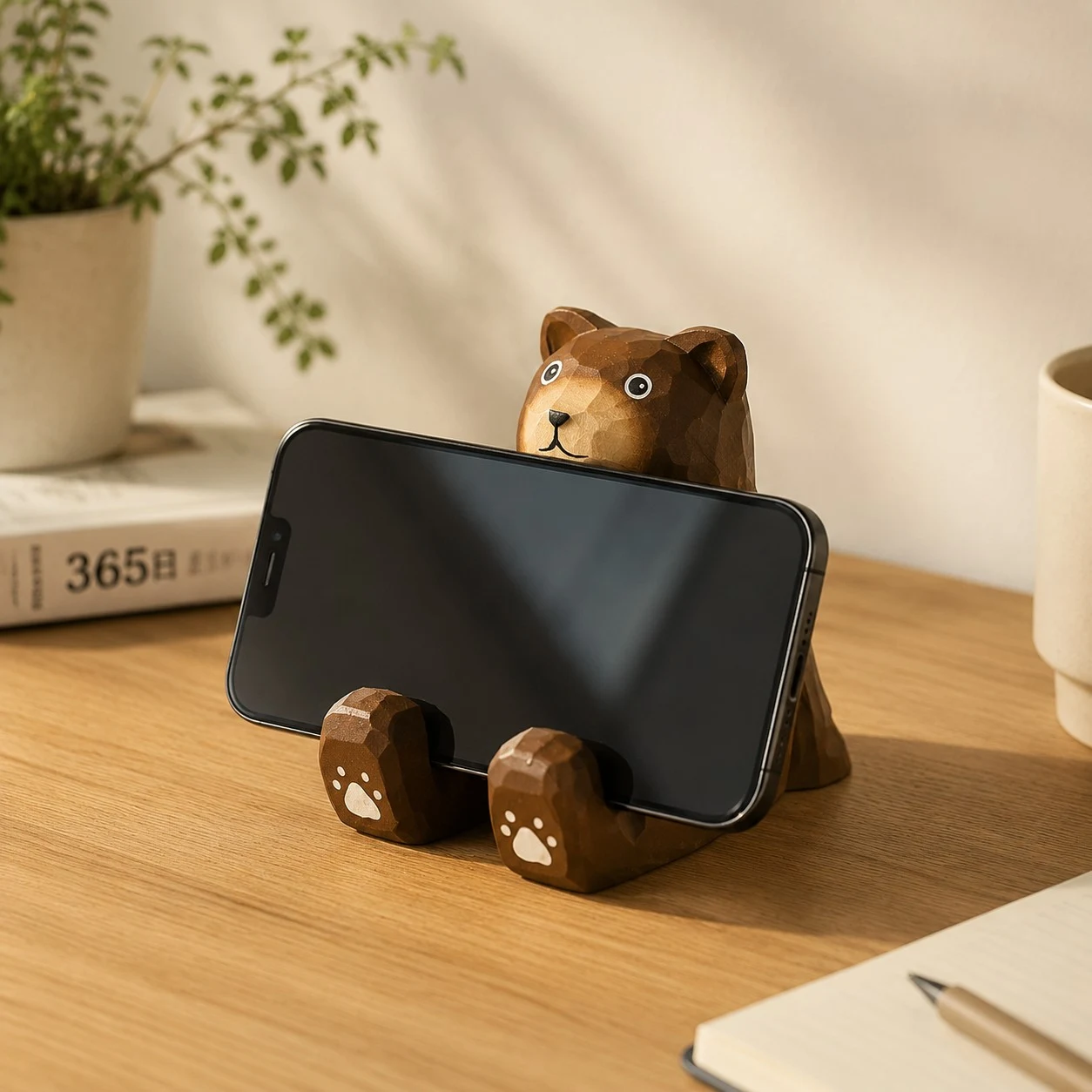 Bear wooden phone stand in a desk scene