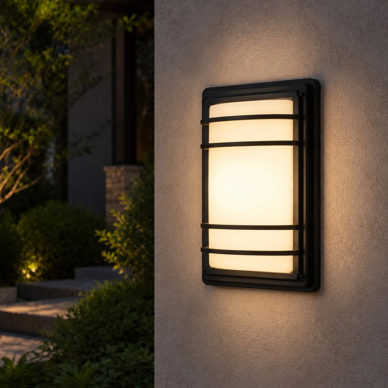 Outdoor wall light installed on an exterior wall at night