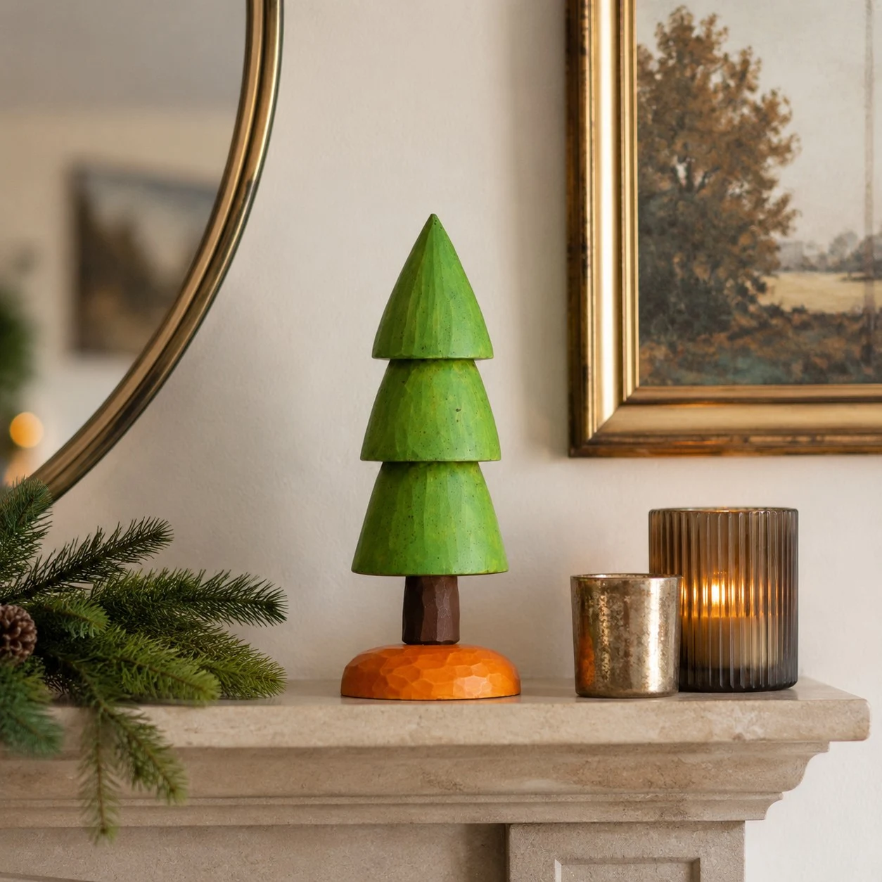Wooden pine ornament styled on a mantel with home decor