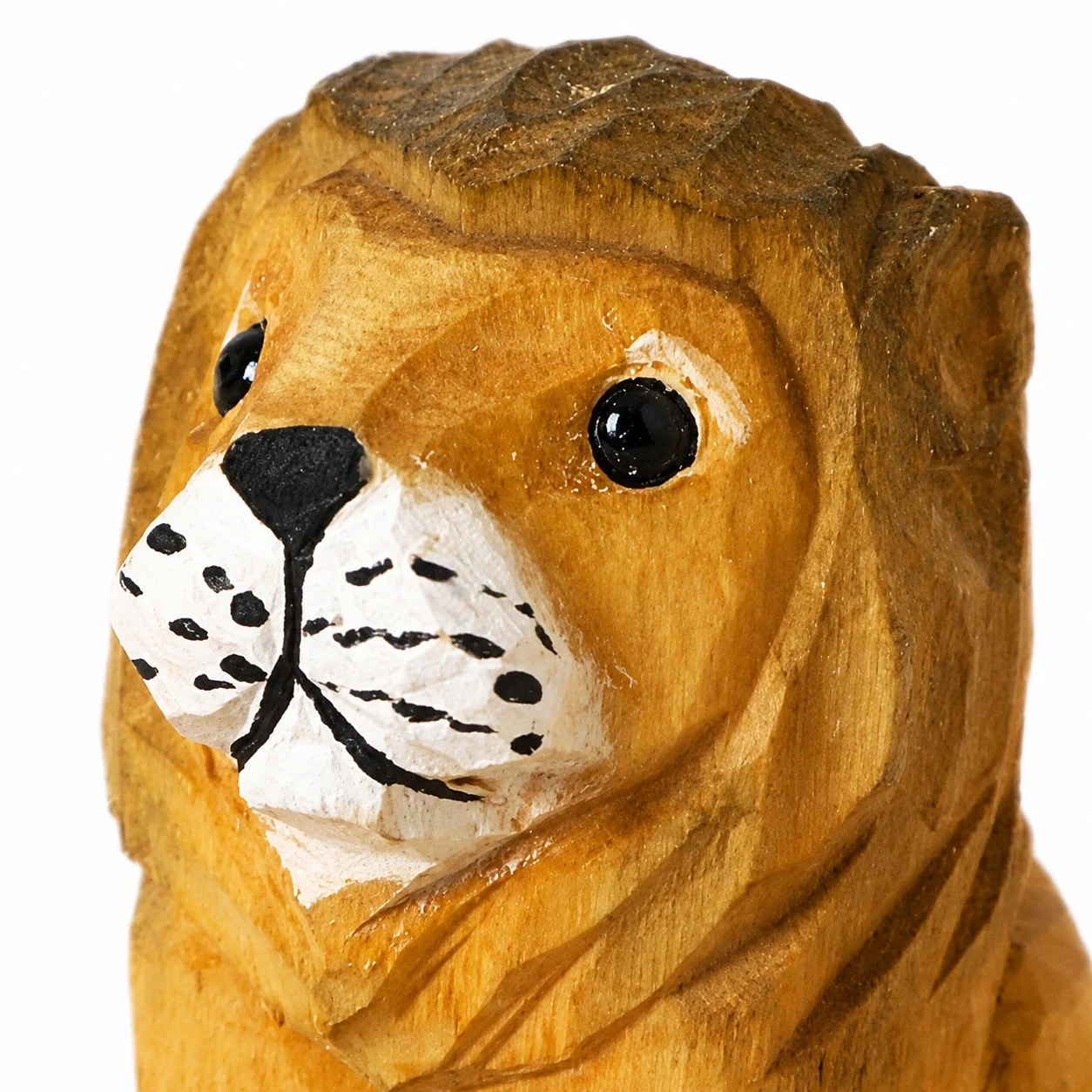 Hand carved wooden lion face and mane detail