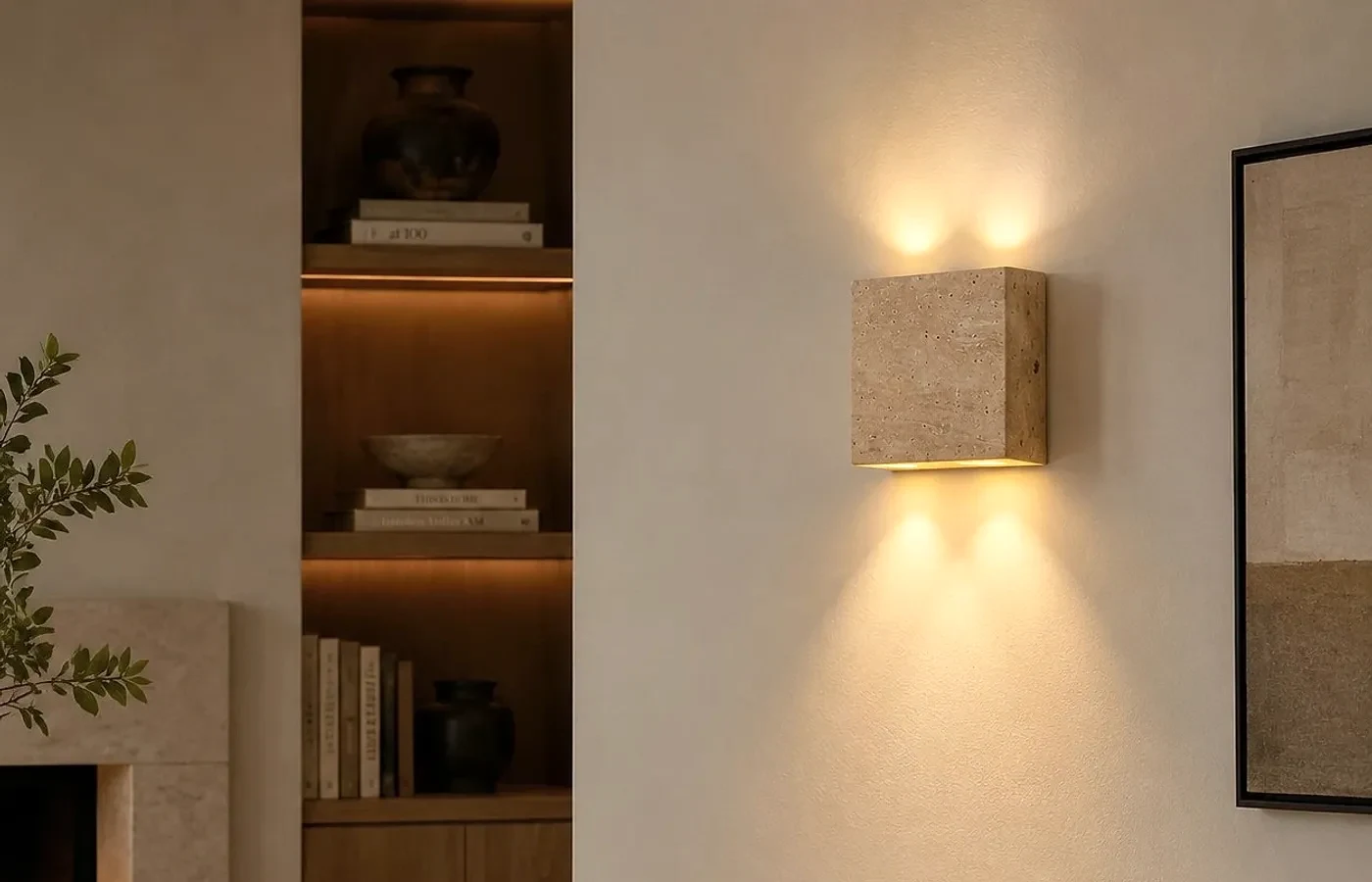travertine wall sconce in living room