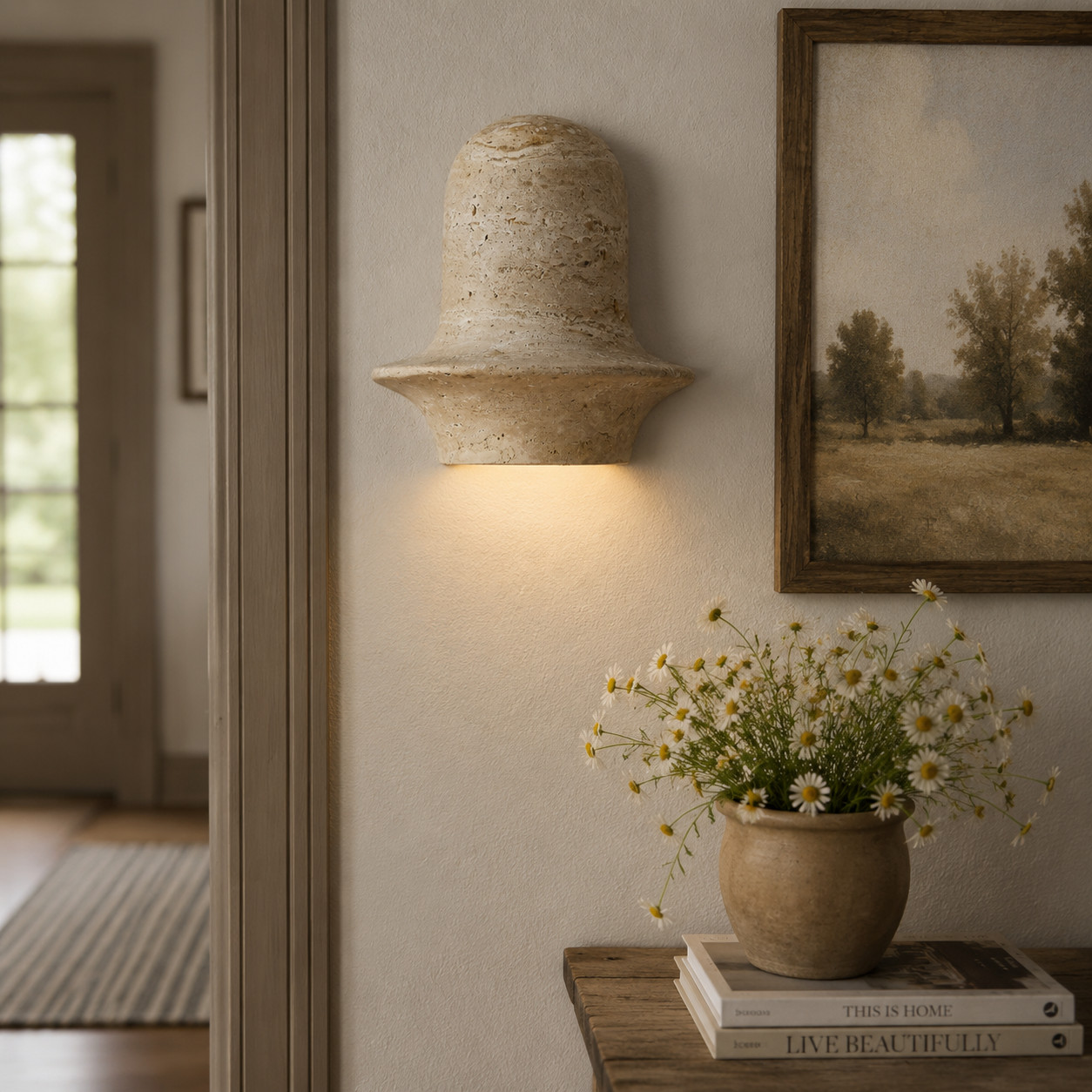 Travertine wall sconce glowing beside artwork and a console vignette