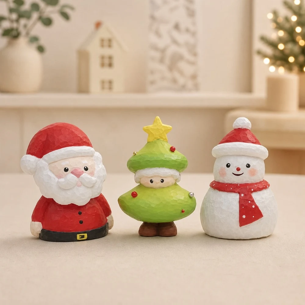 Santa snowman and Christmas tree wooden ornaments displayed together