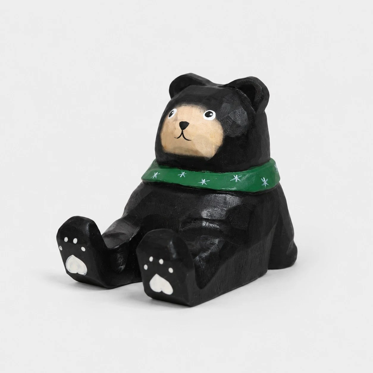 Green Scarf Black Bear Hand-Carved Wooden Animal Phone Stand