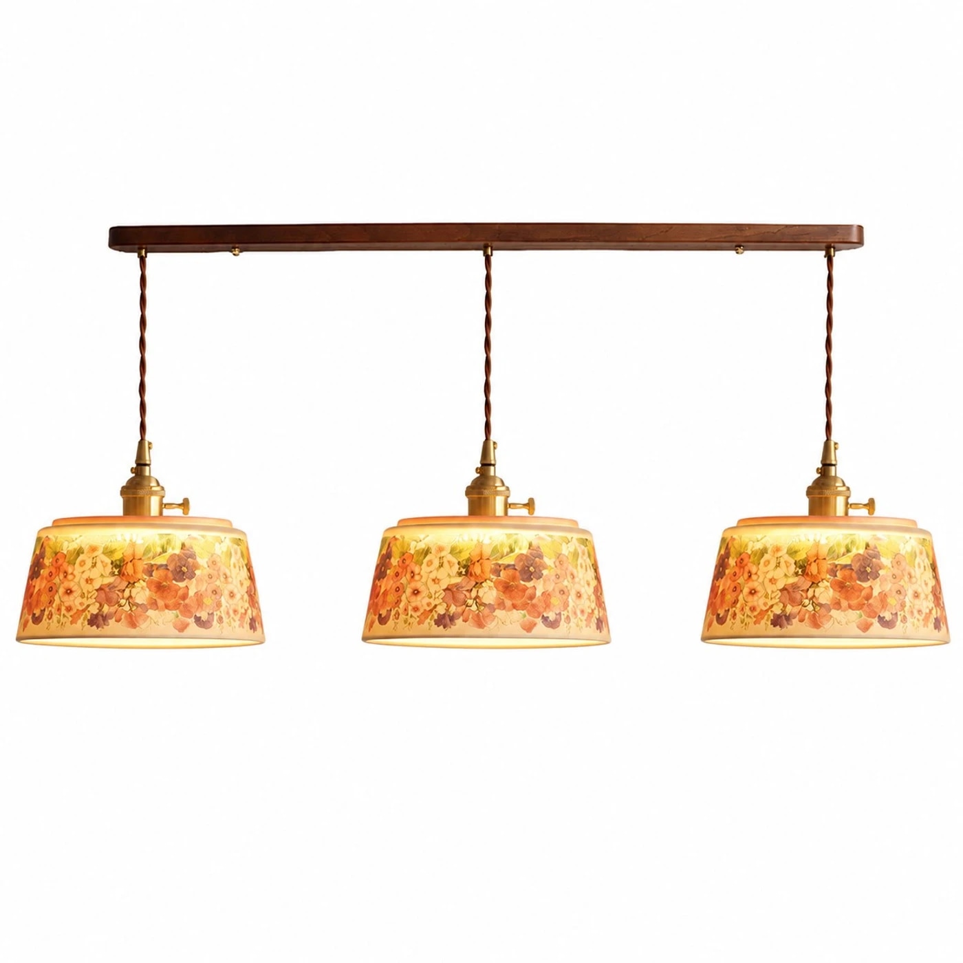Lampadario a sospensione a tre luci con barra in ceramica a forma di fiore.