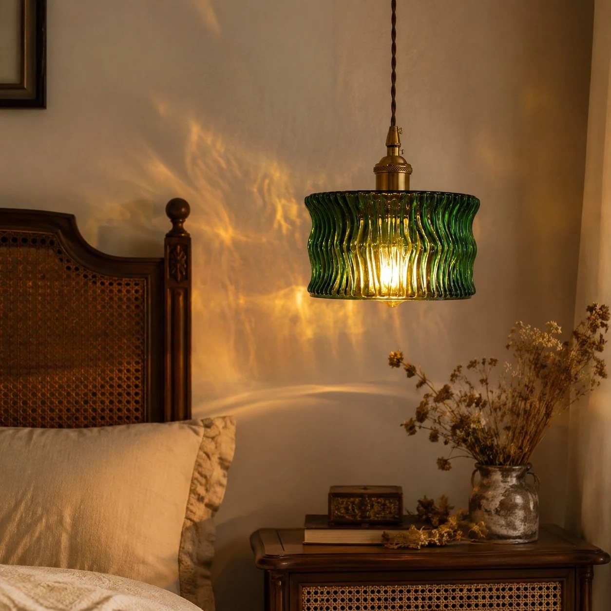Lampadario a sospensione in vetro verde ondulato che brilla accanto a un letto