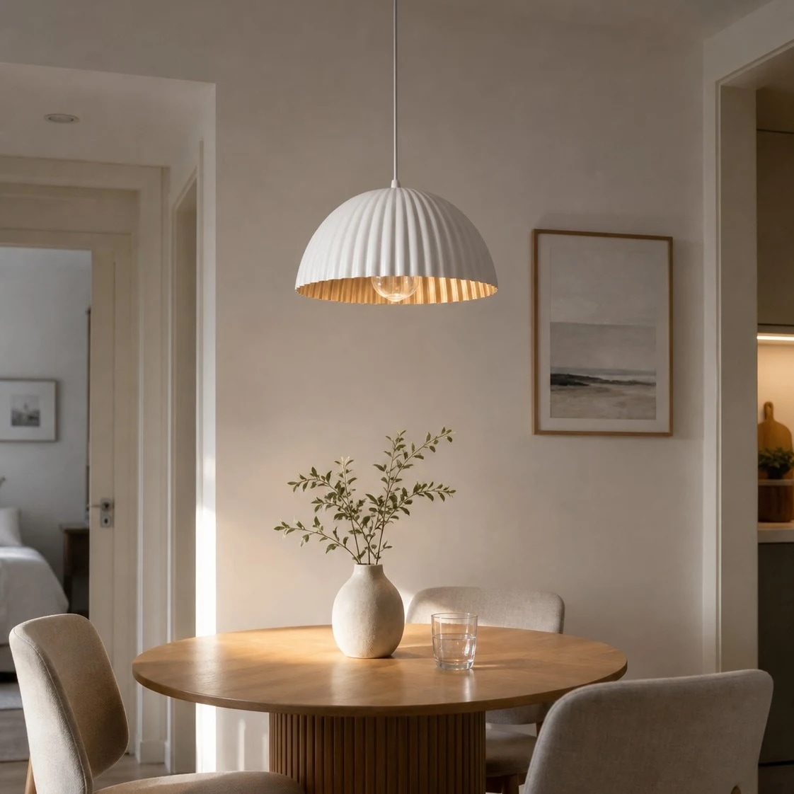 Hvit metallpendellampe over et rundt spisebord