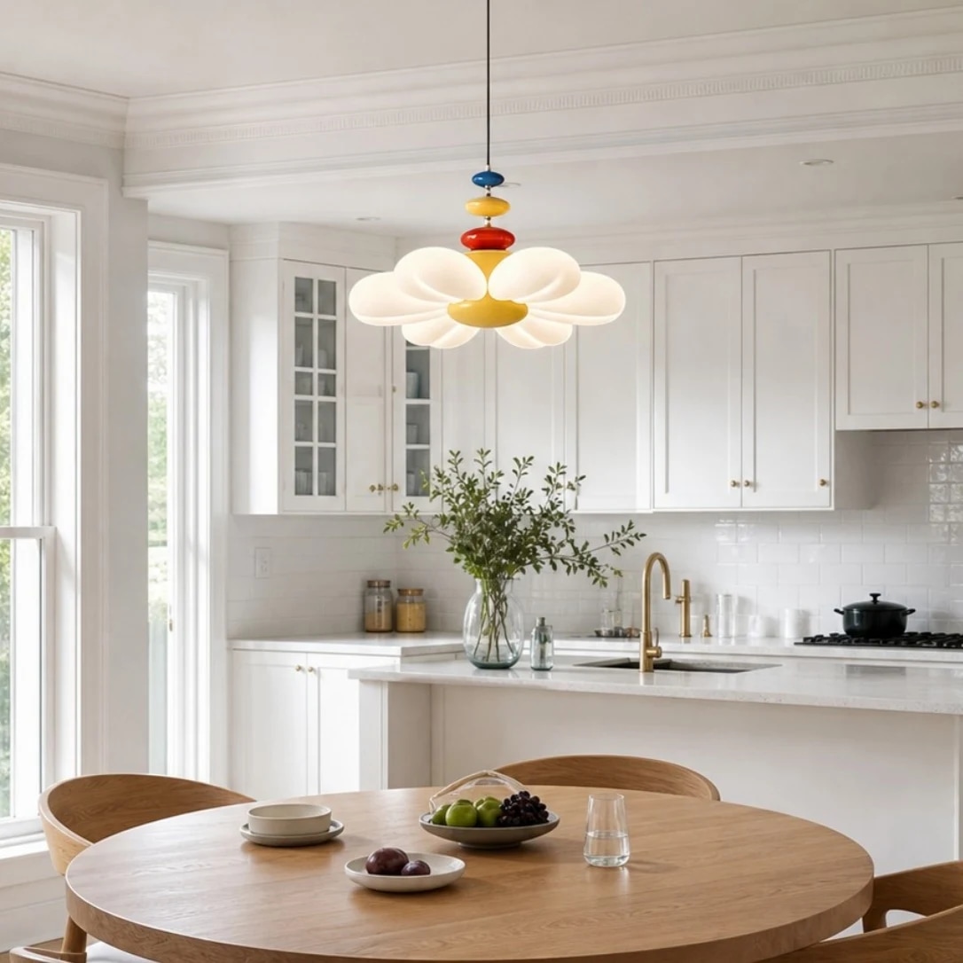 Lampada a sospensione a forma di fiore in una cucina-sala da pranzo a pianta aperta.