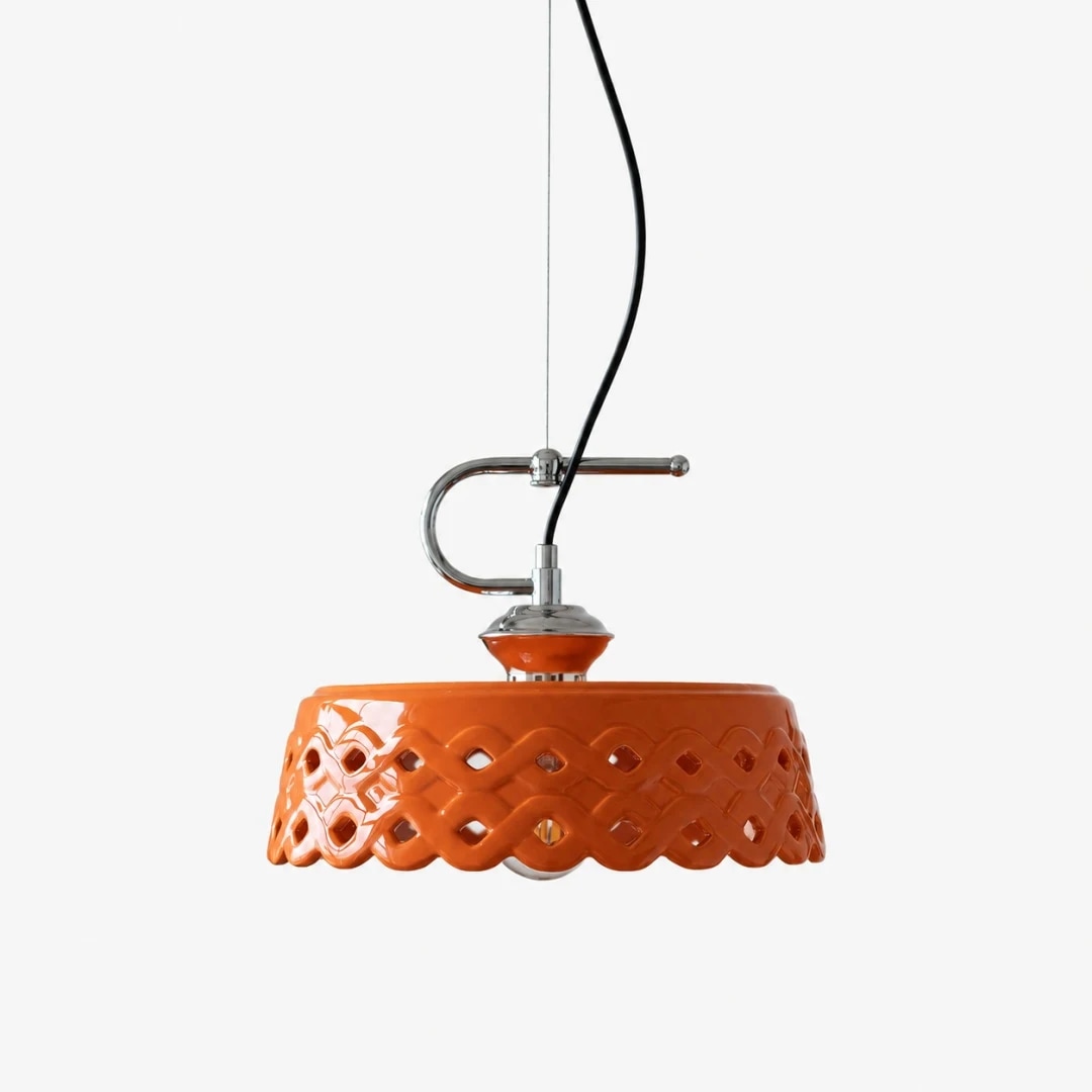 Lampada a sospensione in ceramica arancione, paralume completo, vista completa