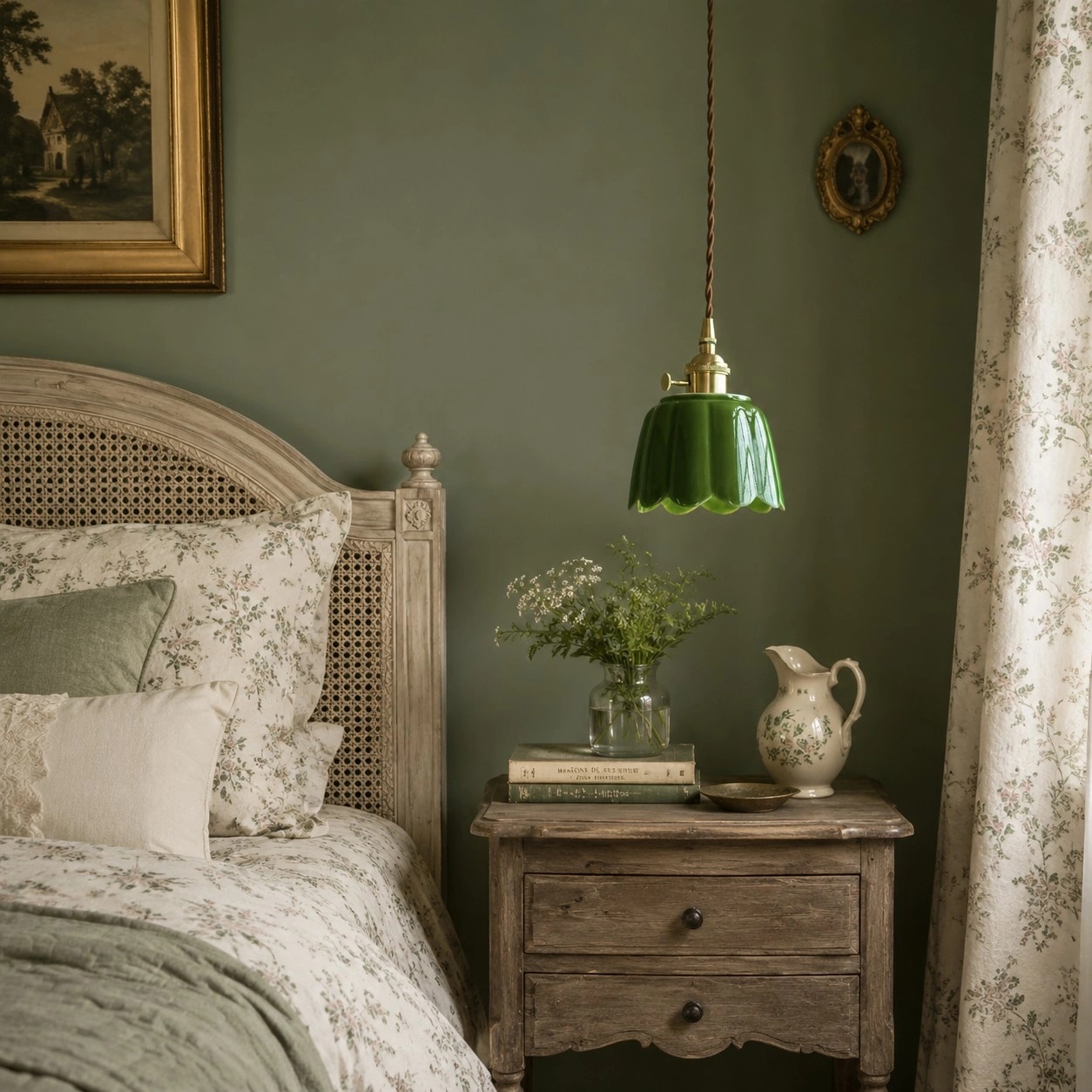 Lampada a sospensione Cienax in ceramica verde, posizionata sul comodino.
