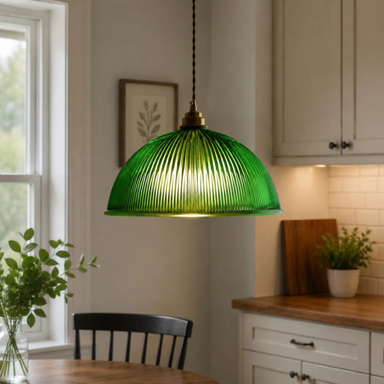Lampadario a sospensione a coste color verde smeraldo installato sopra un bancone da pranzo.