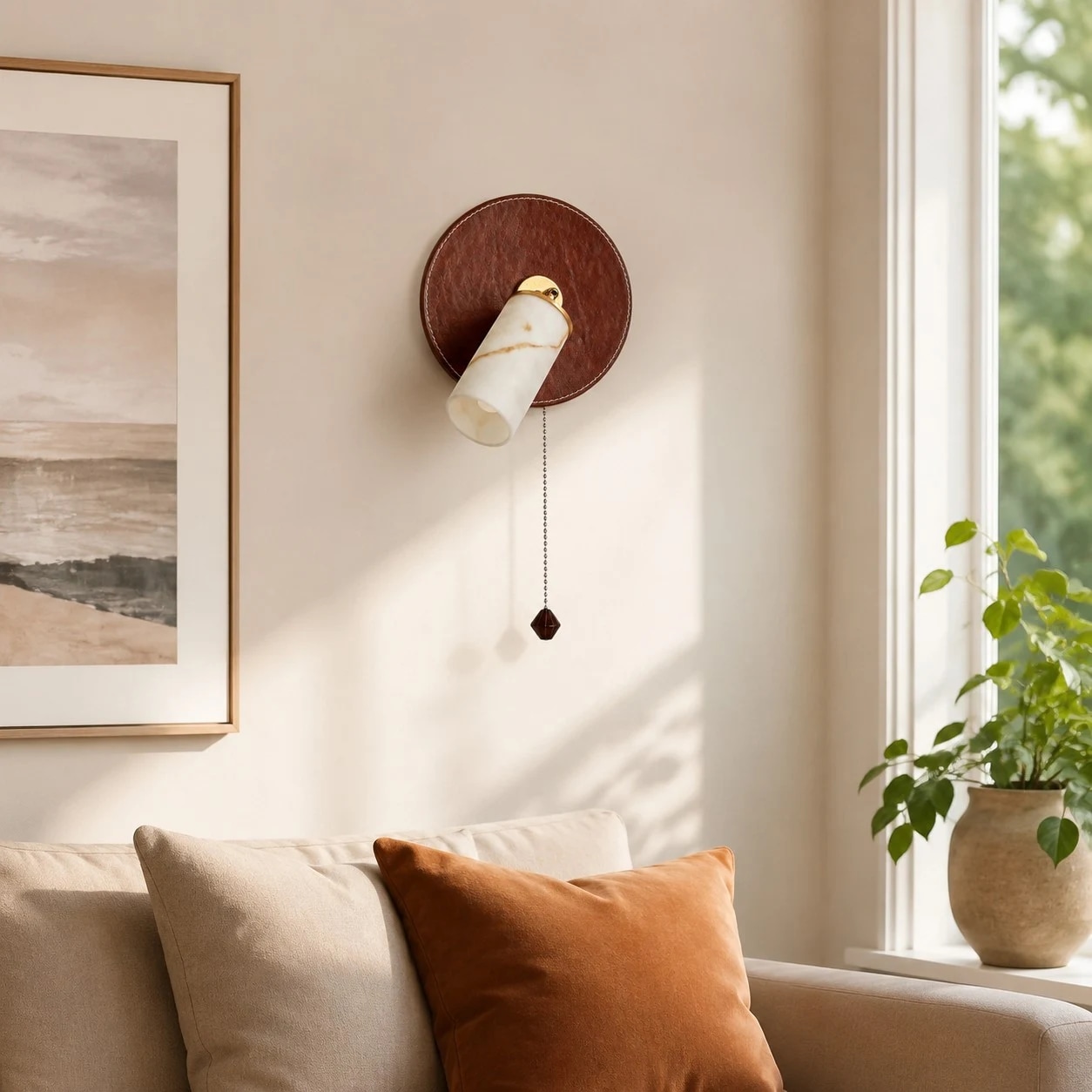 Brun och vit vägglampa i ett vardagsrumshörn
