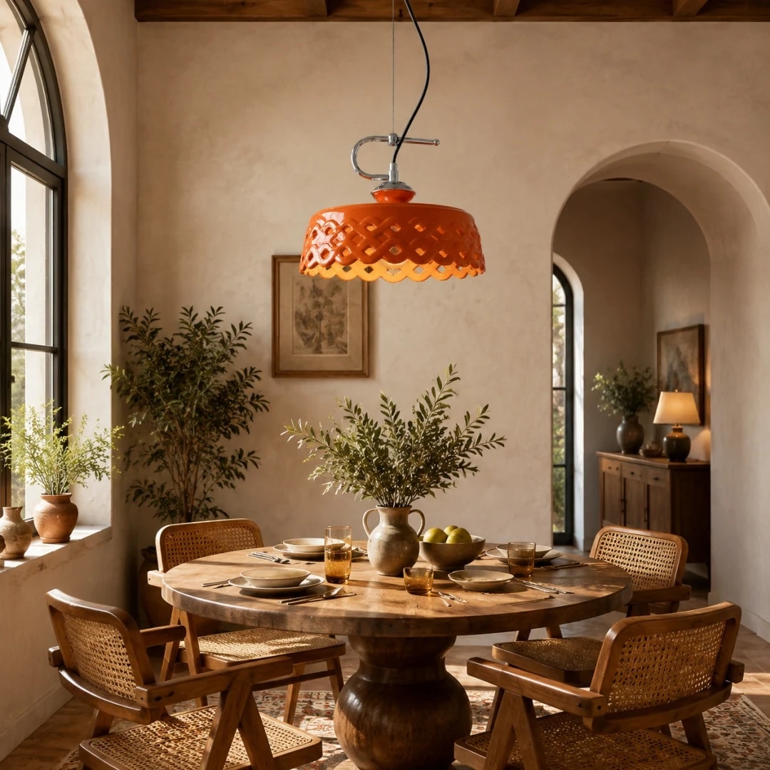 Lampada a sospensione in ceramica arancione sopra un tavolo da pranzo rustico.