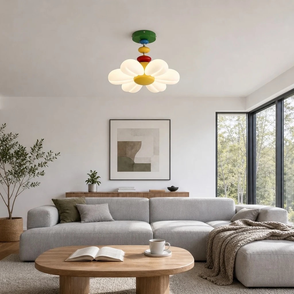 Lampada a forma di fiore in un luminoso soggiorno