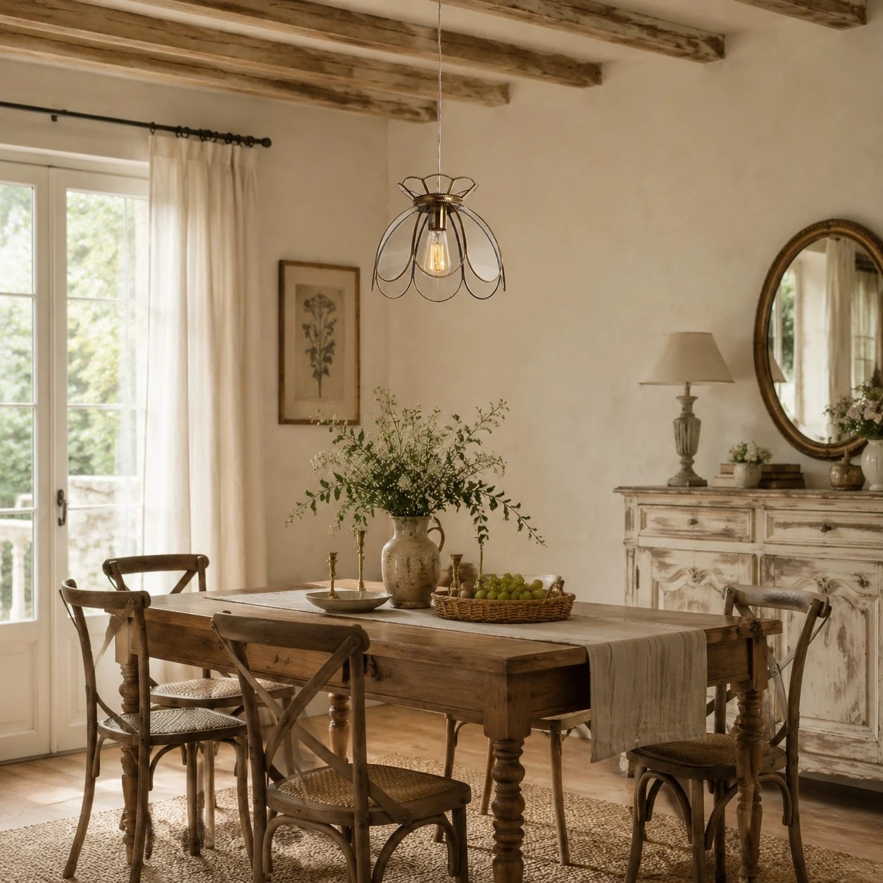 Lampadario vintage a forma di loto in vetro trasparente sopra un tavolo da pranzo rustico
