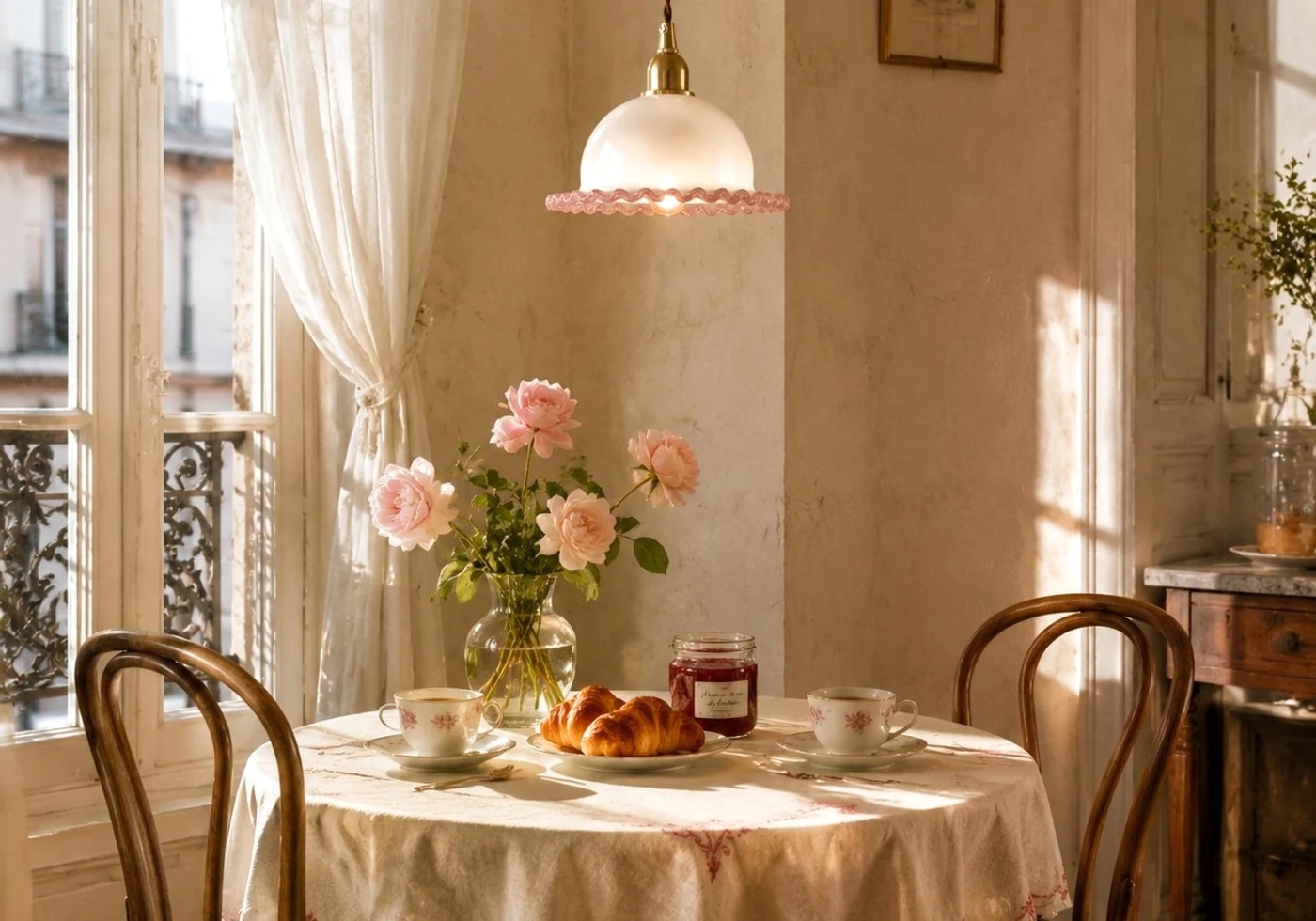 Lampadario a sospensione in vetro ondulato sopra un tavolo da pranzo rotondo
