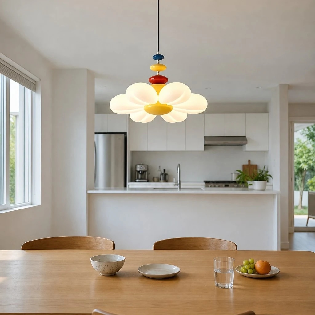 Lampada a sospensione a forma di fiore sopra un tavolo da pranzo.