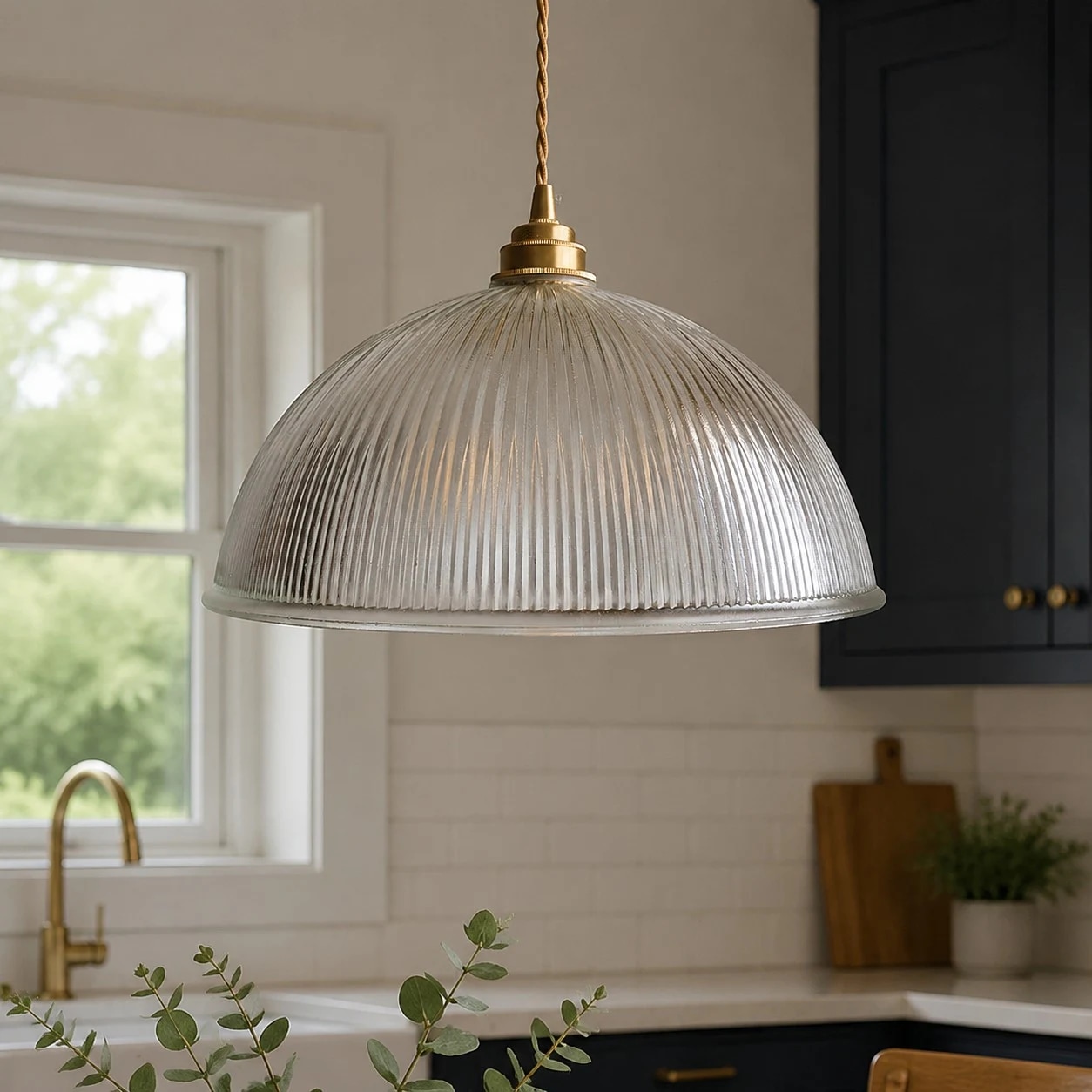 Lampadario a sospensione in vetro trasparente a coste in cucina