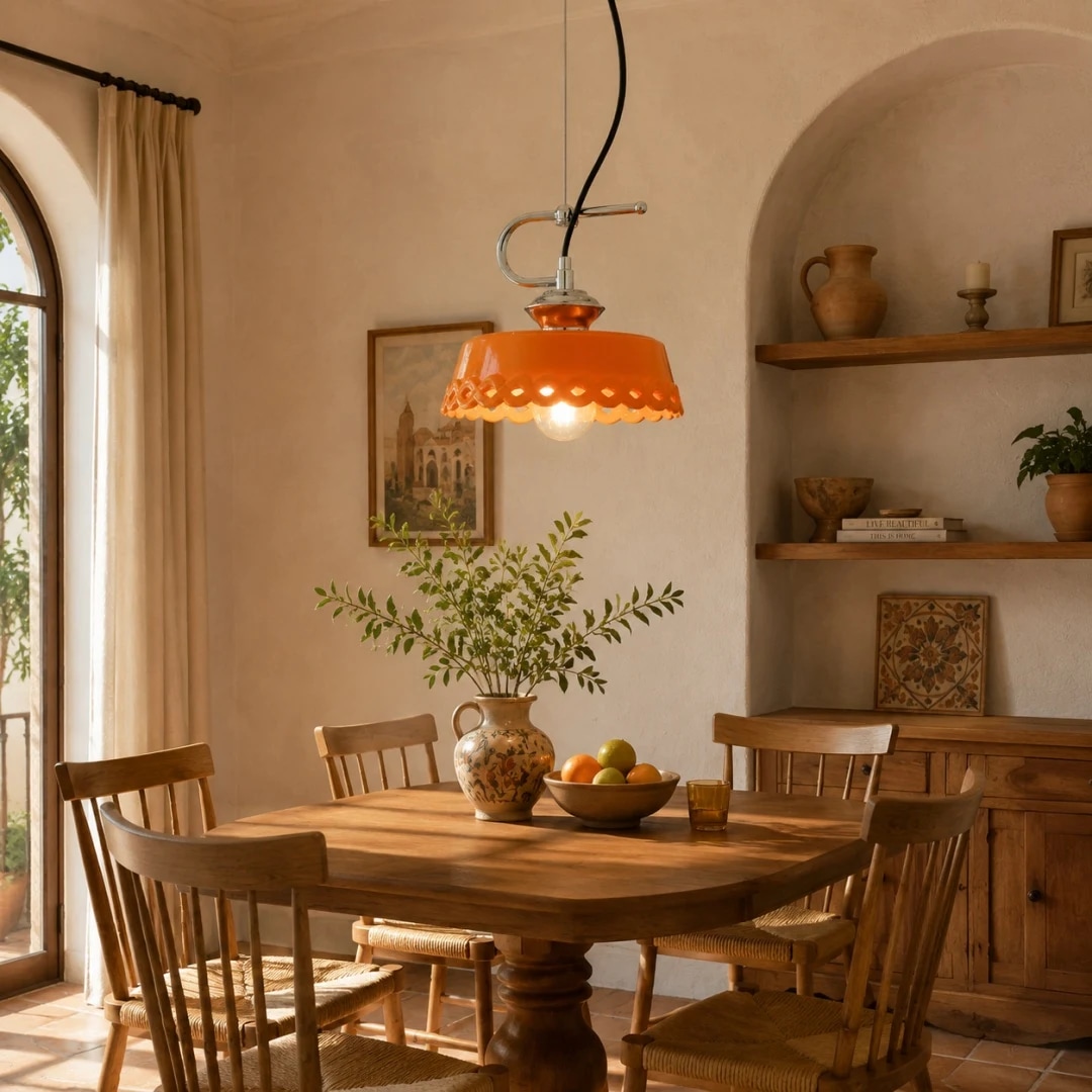 Lampada a sospensione in ceramica arancione in un accogliente angolo pranzo della cucina.