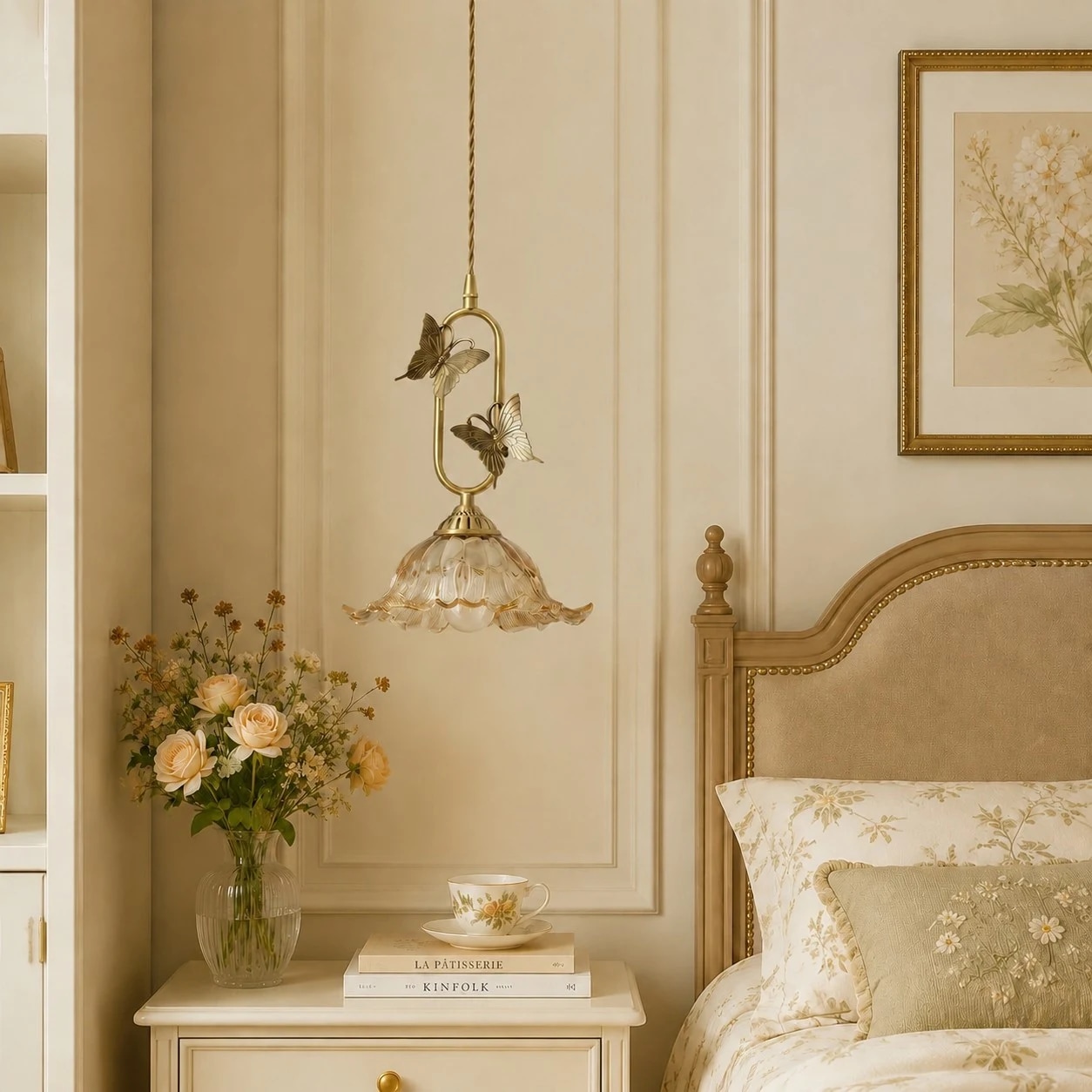 Lampadario a sospensione a forma di farfalla installato accanto al comodino della camera da letto.
