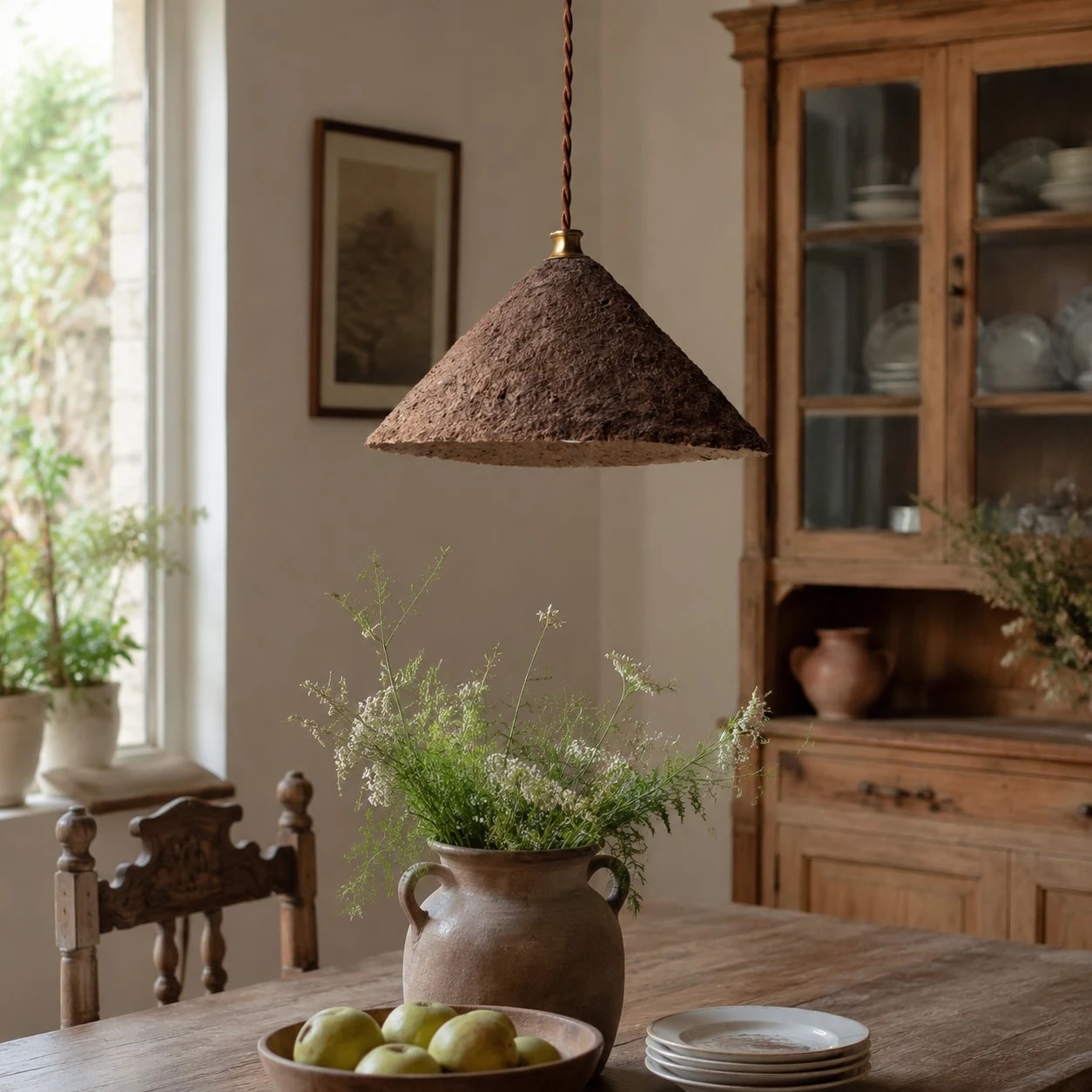 Lampada a sospensione conica in stile wabi-sabi sopra un caldo tavolo da pranzo in legno.