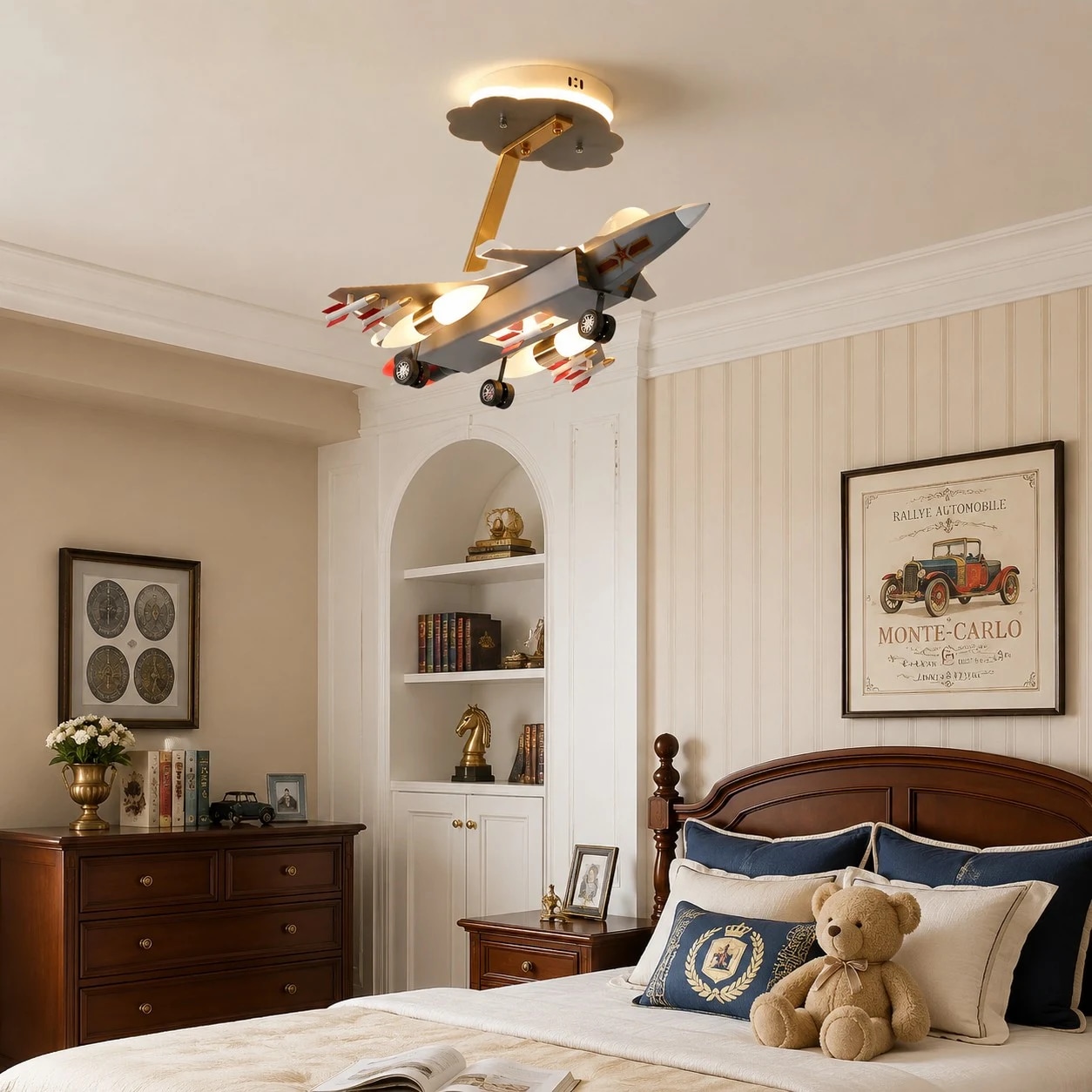Lampada da soffitto a forma di aereo per bambini in una scena di cameretta