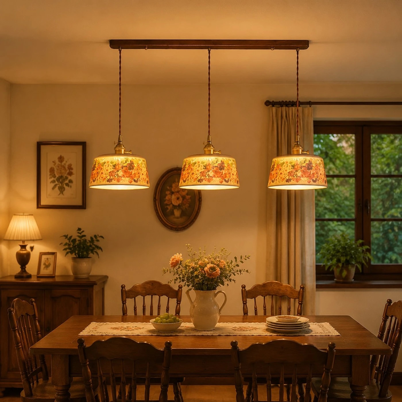 Lampadario a sospensione a tre luci in ceramica con motivi floreali sopra un tavolo da pranzo.
