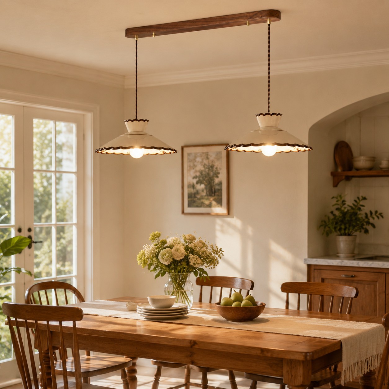 Lampadario a sospensione a due teste in ceramica smerlata sopra un tavolo da pranzo.