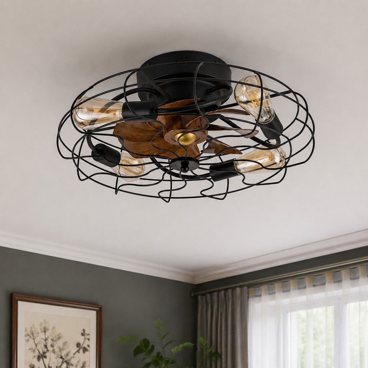 Vintage-Deckenventilatorleuchte mit Käfigdesign in einem Zimmer installiert