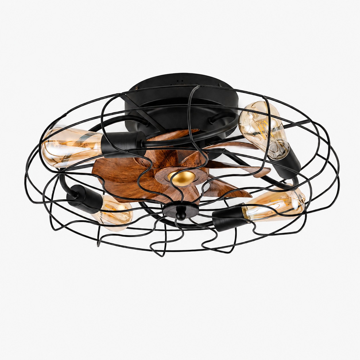 Produktansicht einer Deckenventilatorleuchte mit Käfigdesign in Schwarz und Holzoptik.