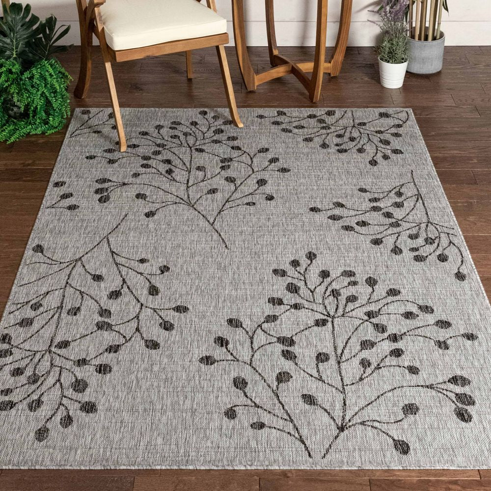 Sprite Floral Indoor Outdoor Grau Elfenbein Flachgewebe-Teppich