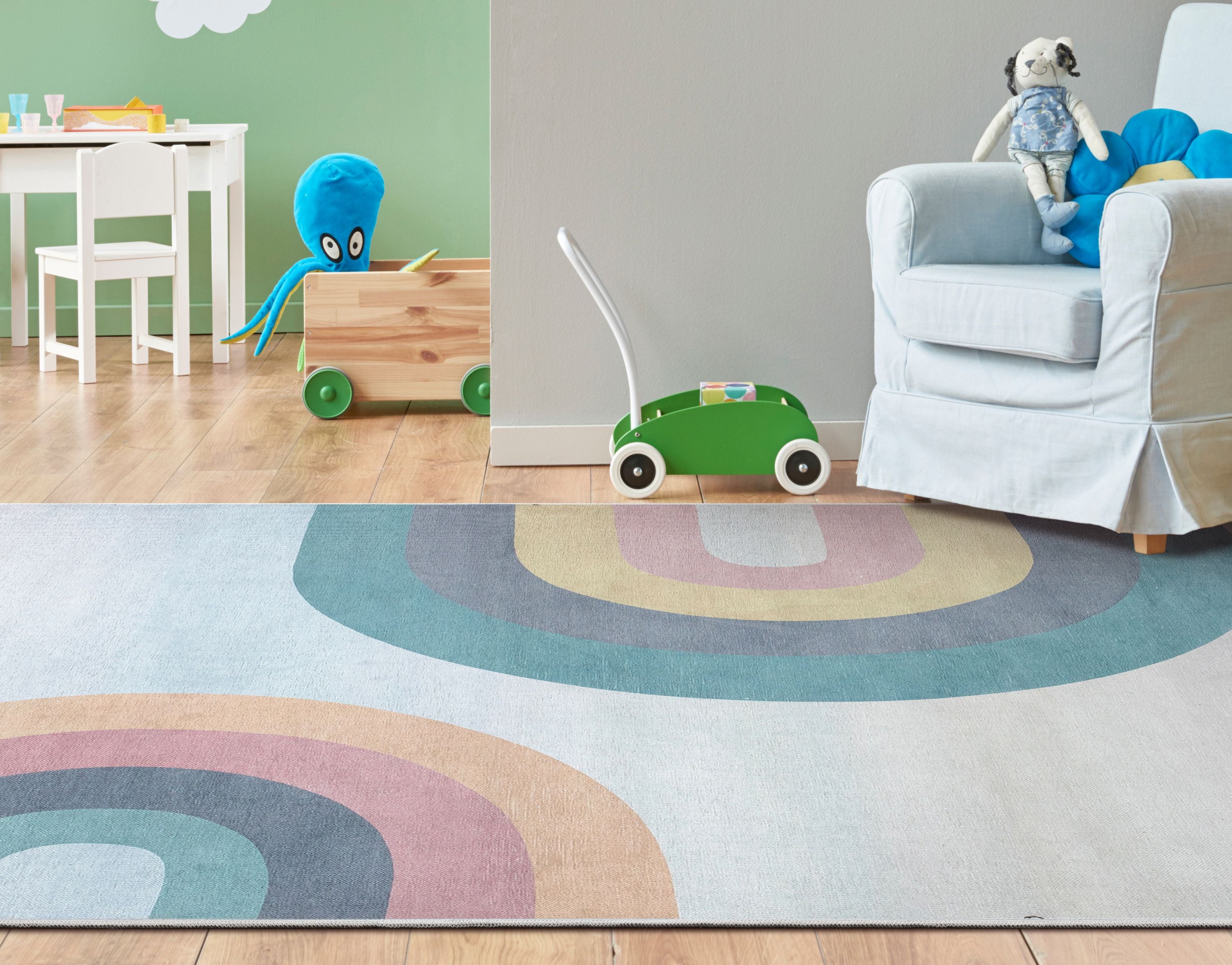Moderner Flachgewebe-Teppich &bdquo;Kaleidoskop Regenbogen&ldquo; in mehreren Pastellt&ouml;nen