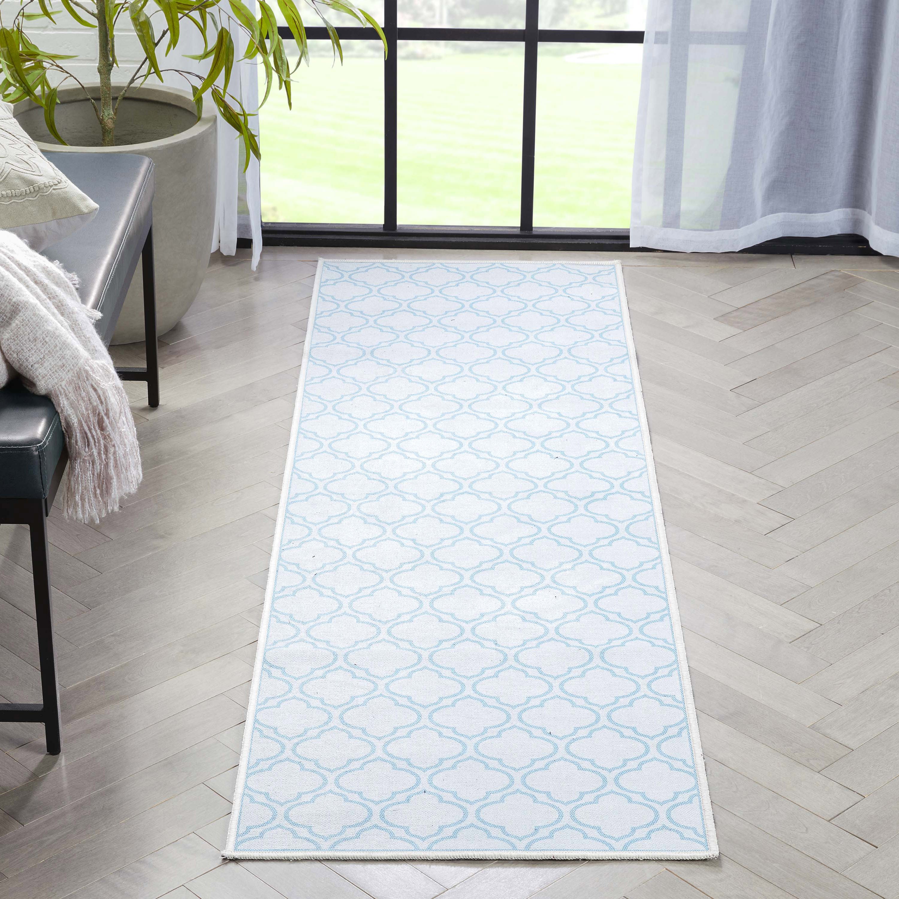 Lattice Marokkanischer Spalier-Teppich aus Elfenbein und Hellblau mit Flachgewebe