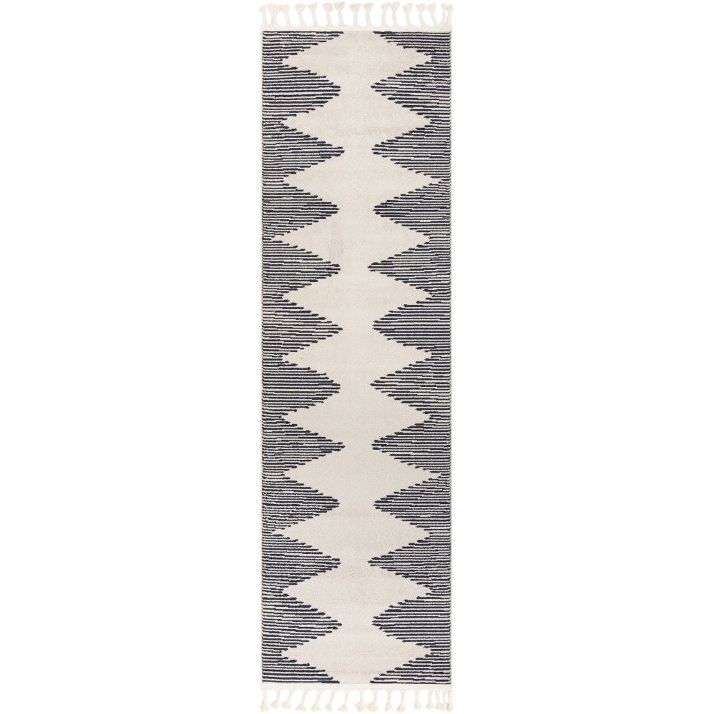 Aztekischer, geometrischer Kelim-Teppich mit Rei&szlig;verschluss in Elfenbein und Marineblau