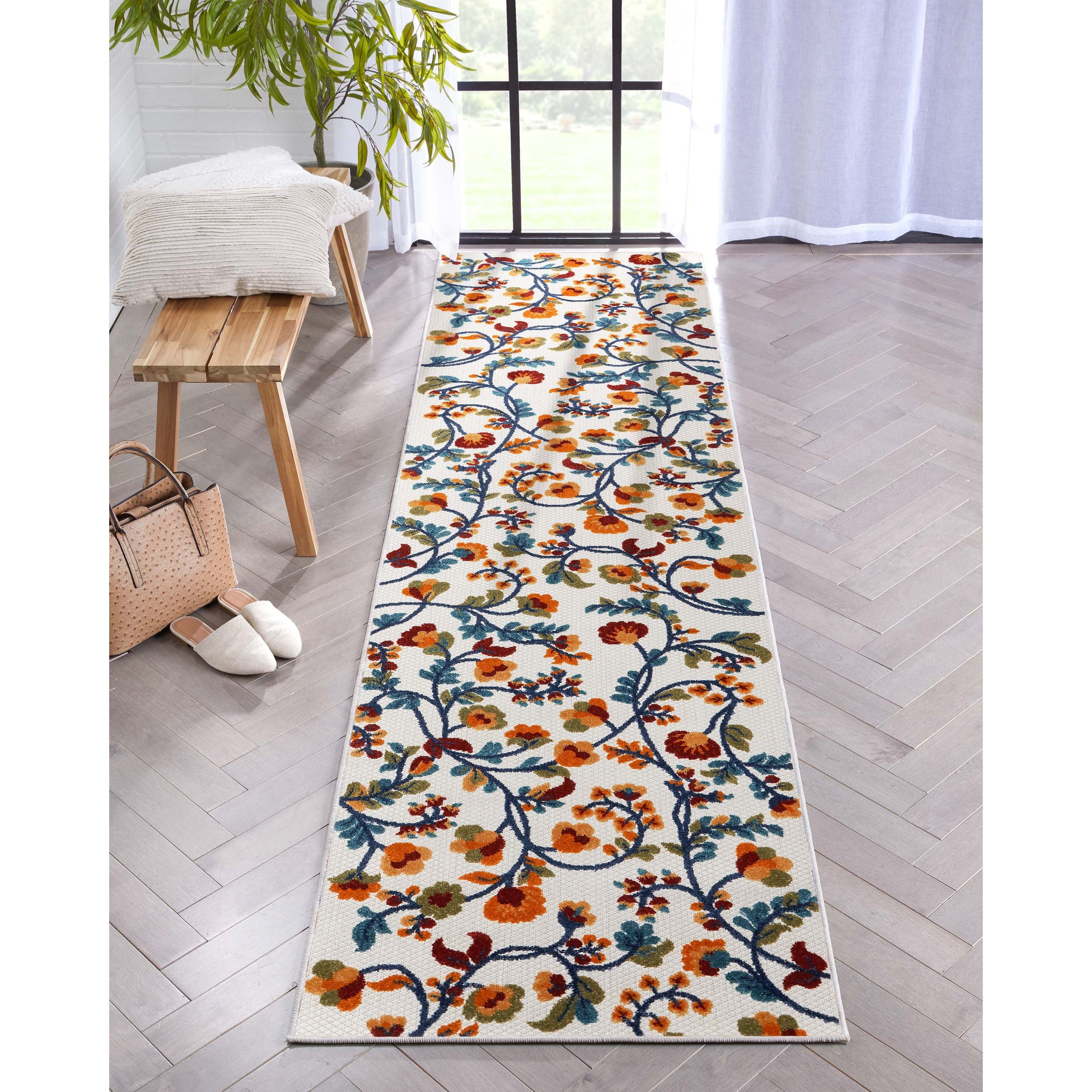 Neveh Beige Moderner Blumenteppich f&uuml;r drinnen und drau&szlig;en