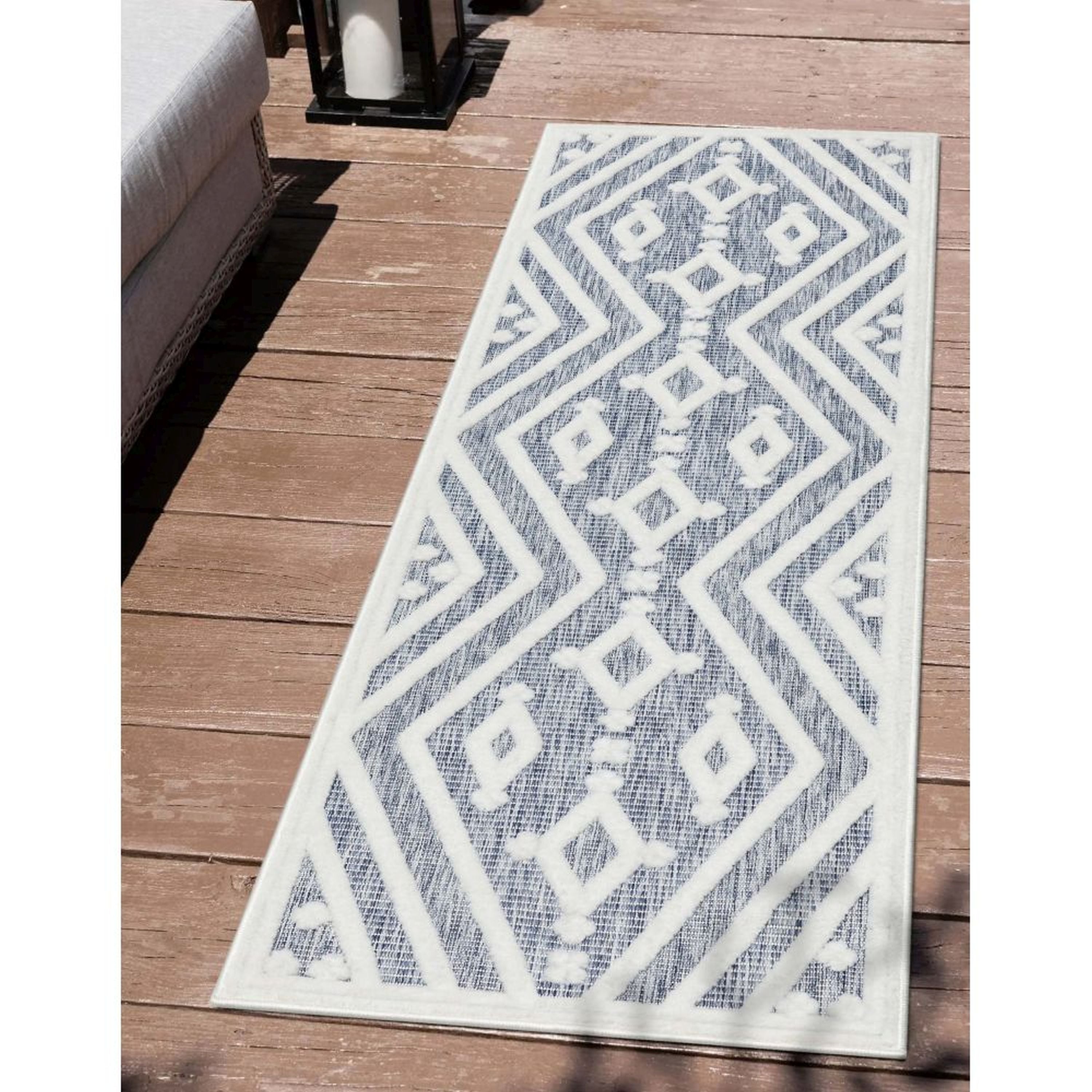 Blauer Hoch-Tief-Teppich mit Mali-Tribal-Diamantmuster f&uuml;r drinnen und drau&szlig;en