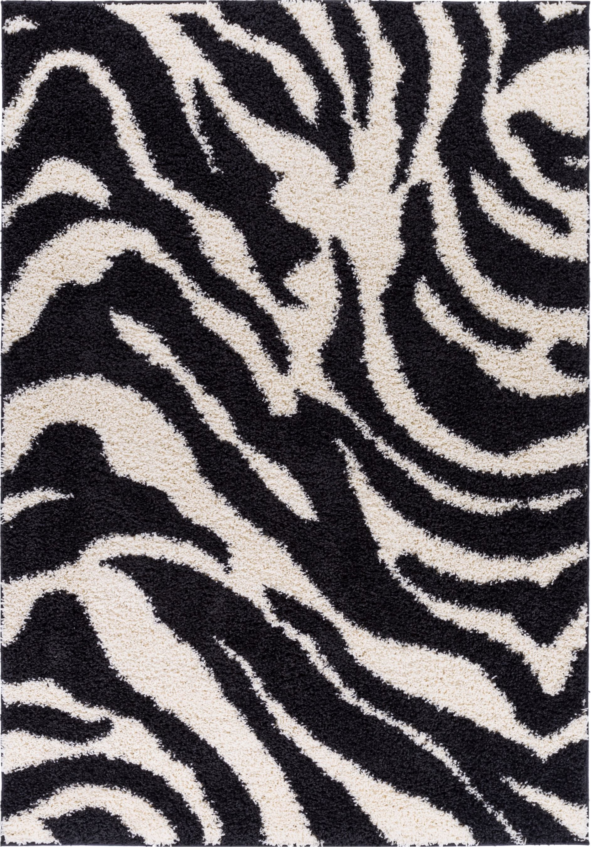 Moderner Shag-Teppich in Safari-Zebra-Optik in Schwarz