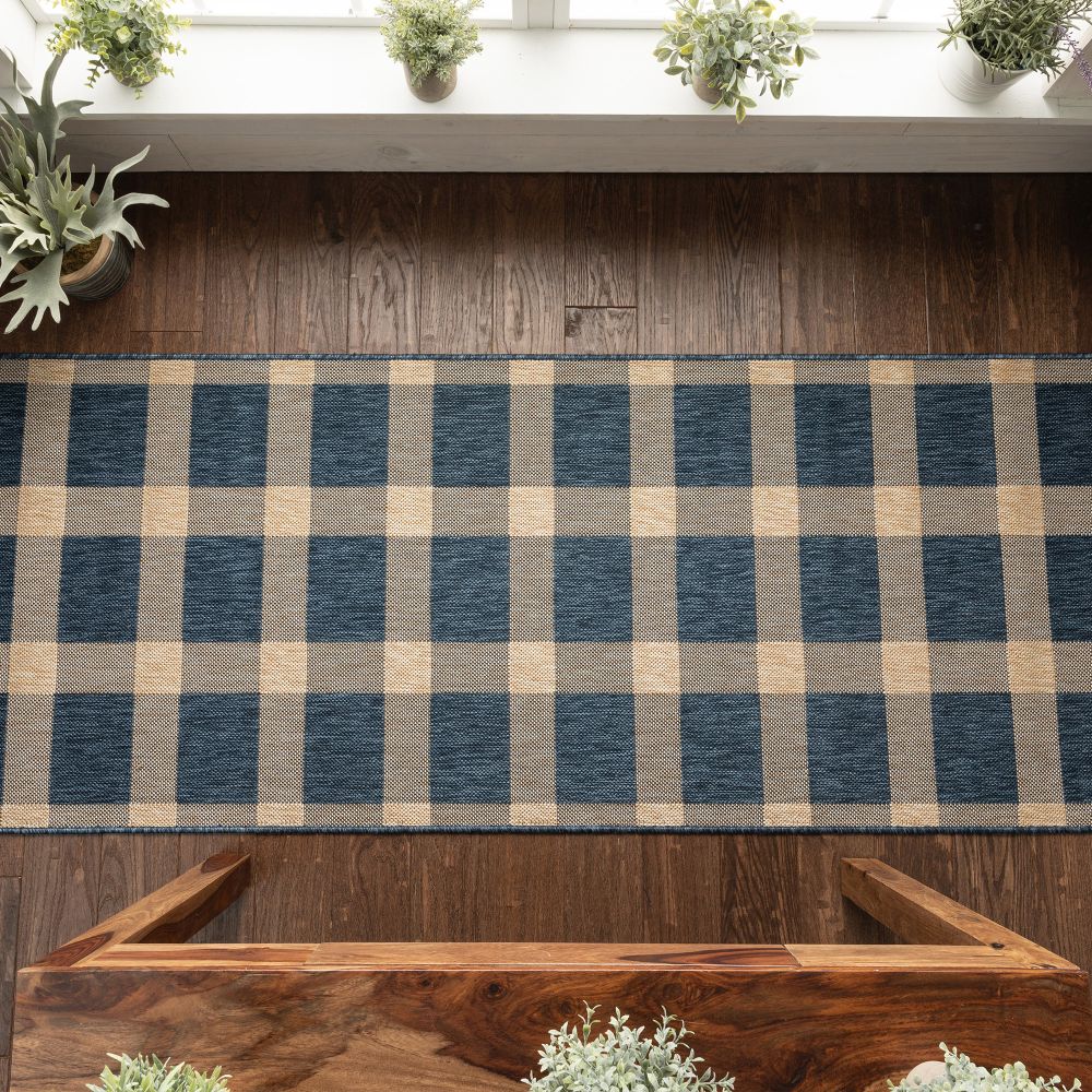 Freya Plaid Indoor Outdoor Blauer Flachgewebe-Teppich