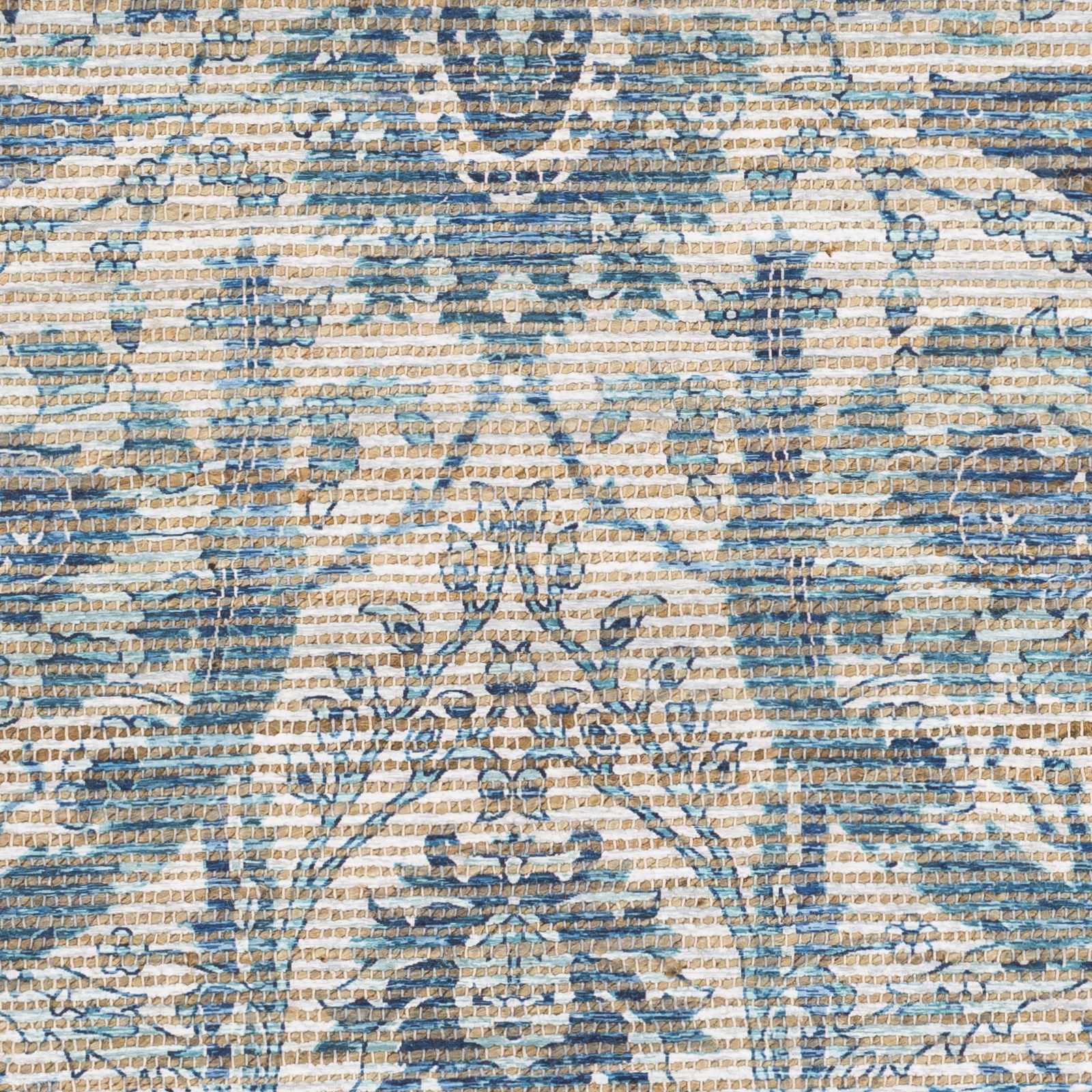 Blauer/wei&szlig;er Skiatook-Teppich aus Jutemischung mit Quasten &ndash; Ausverkauf