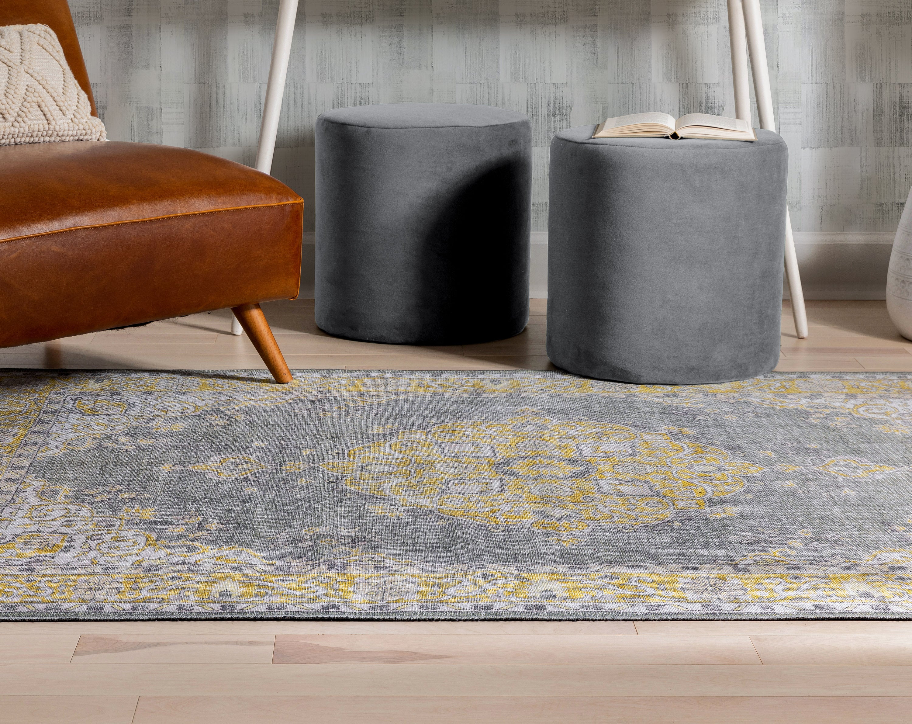 Tarifa Vintage Bohemian Medaillon Gelber, maschinenwaschbarer Teppich von Chill Rugs