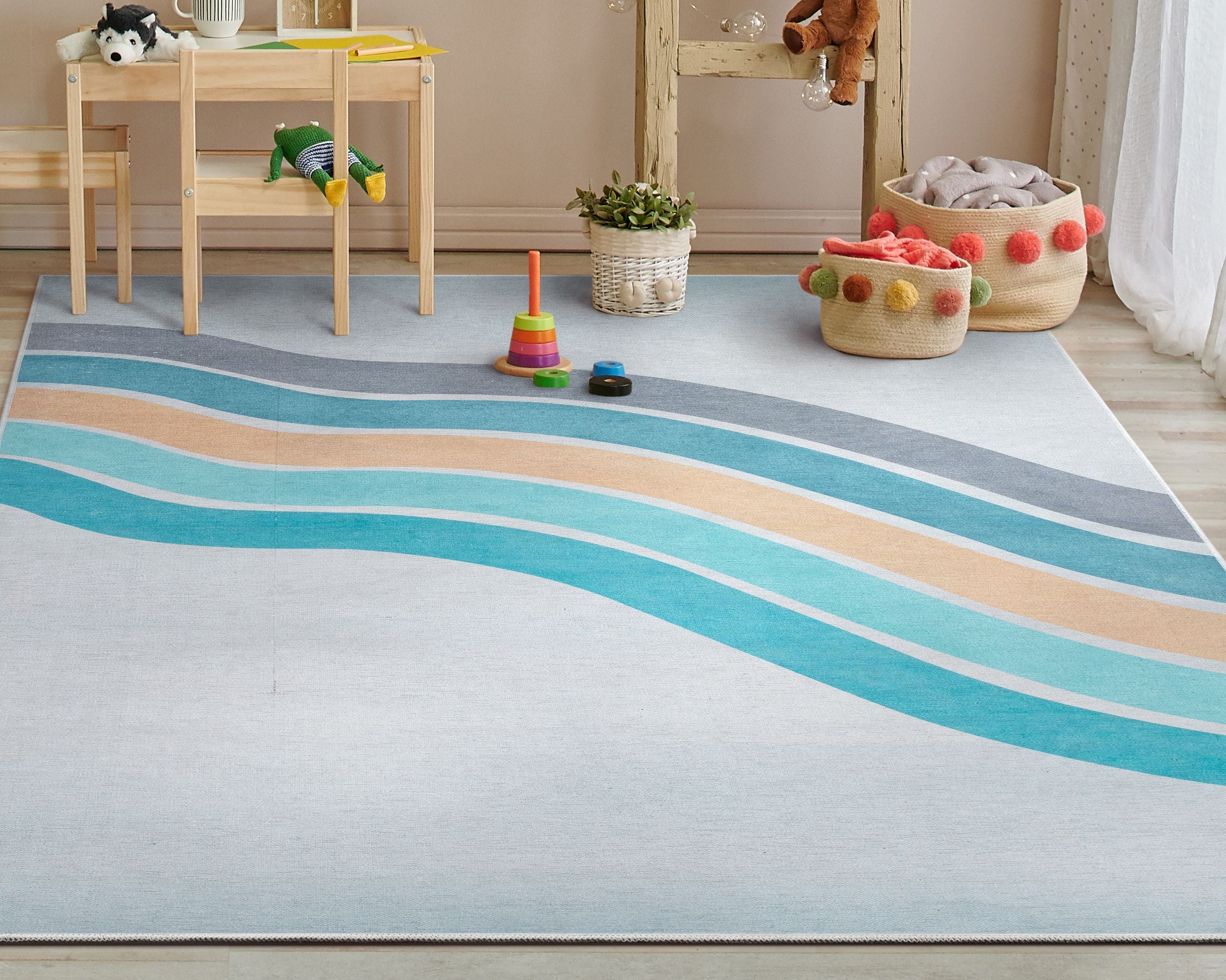 Geschwungener, moderner, mehrfarbiger, blauer Regenbogen-Flachgewebe-Teppich
