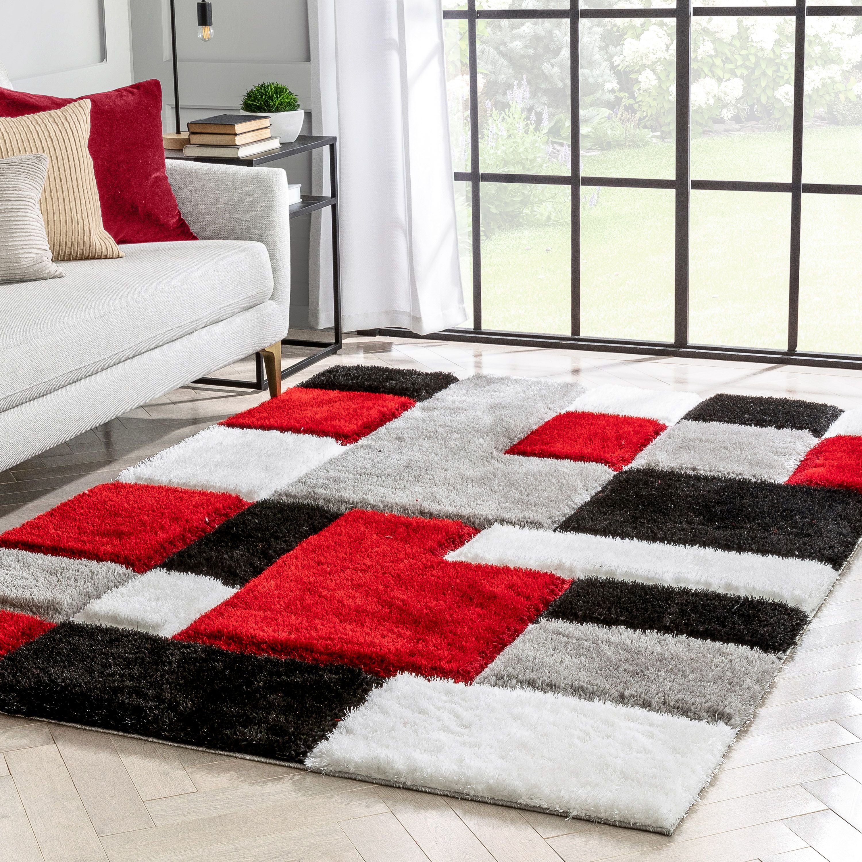Escondido Roter moderner geometrischer 3D-strukturierter Shag-Teppich