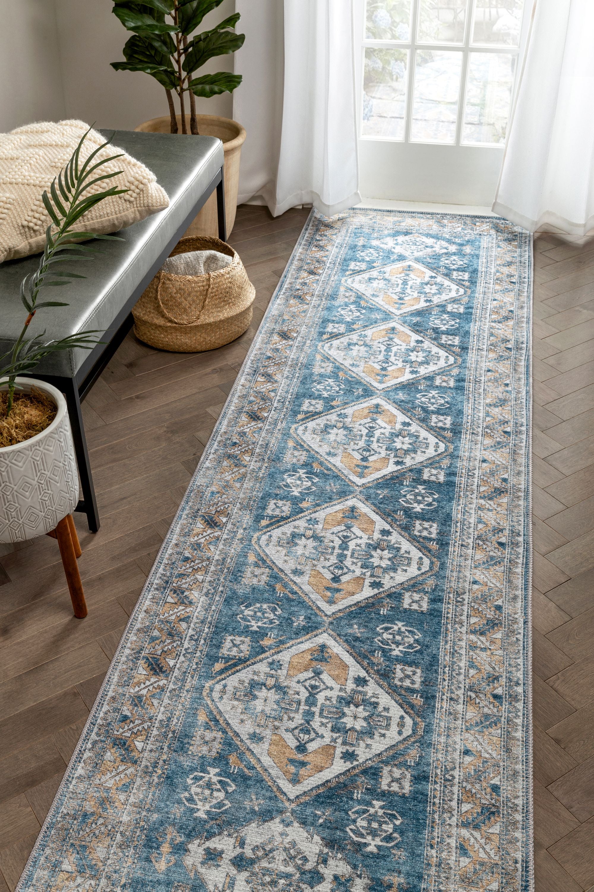 Habra Maschinenwaschbarer Vintage-Medaillon-orientalischer, hellblauer Flachgewebe-Teppich im Used-Look