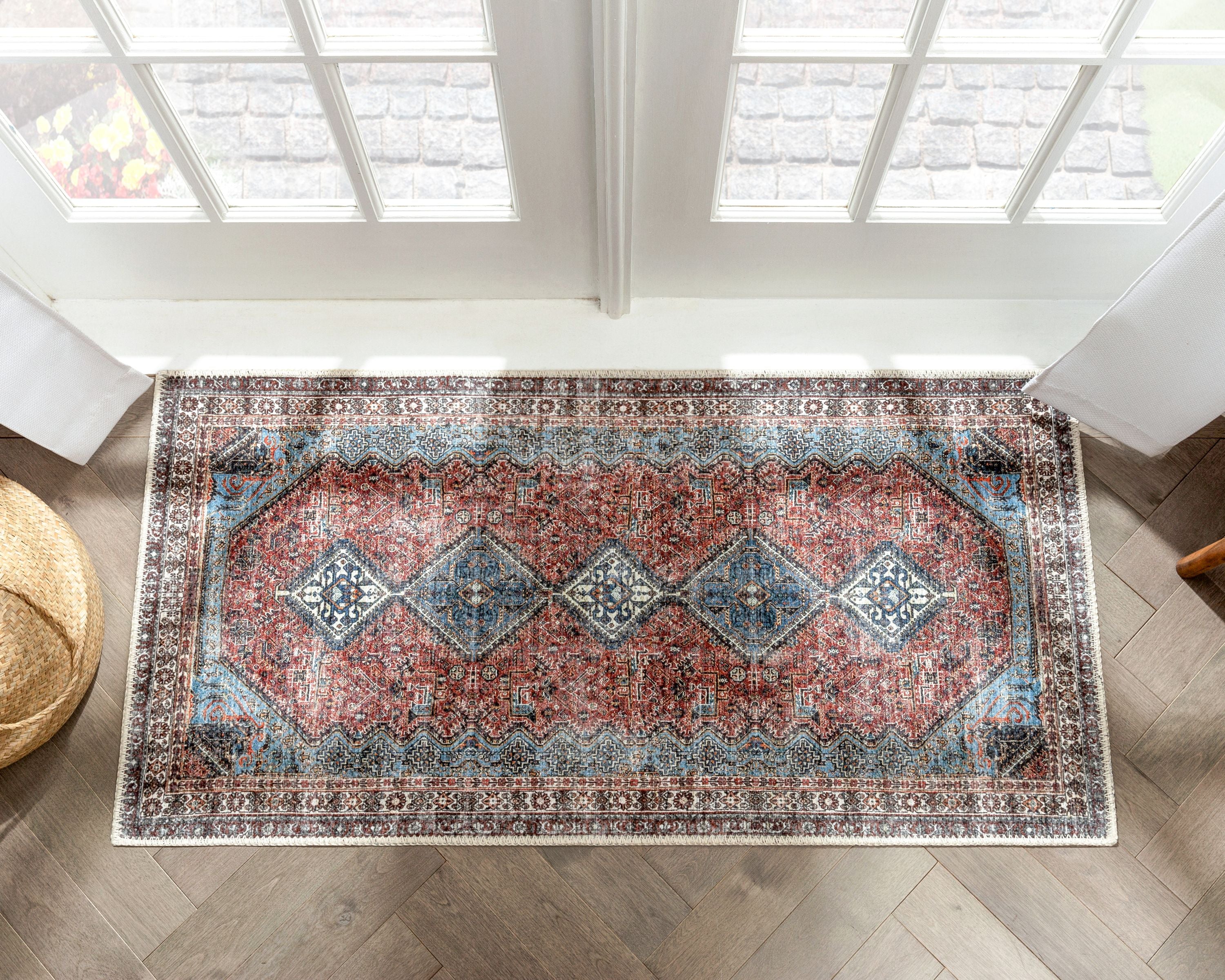 Menda, maschinenwaschbarer Vintage-Teppich im Bohemian-Stil, Meallion Oriental Blush, flach gewebt, im Used-Look