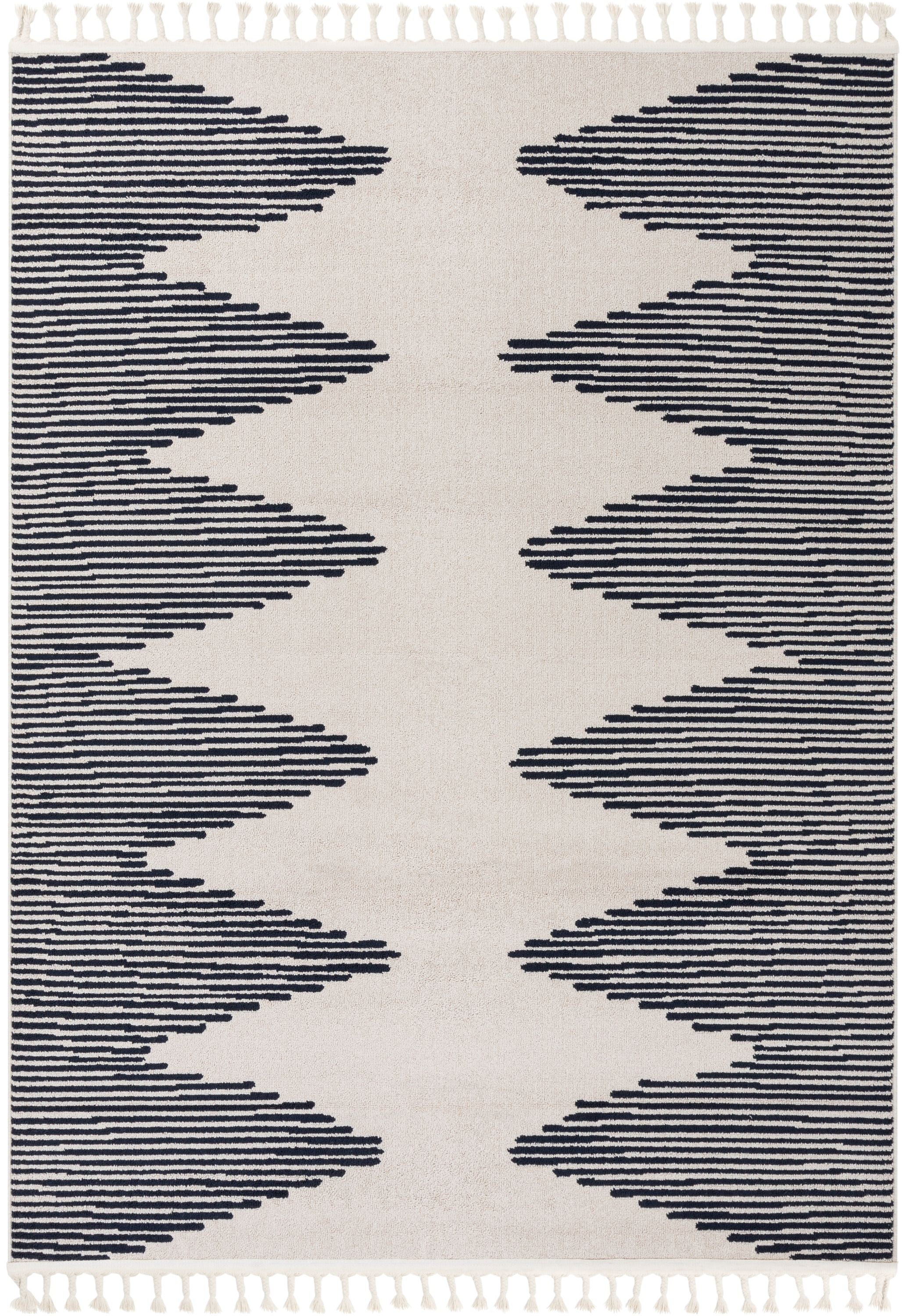 Aztekischer, geometrischer Kelim-Teppich mit Rei&szlig;verschluss in Elfenbein und Marineblau