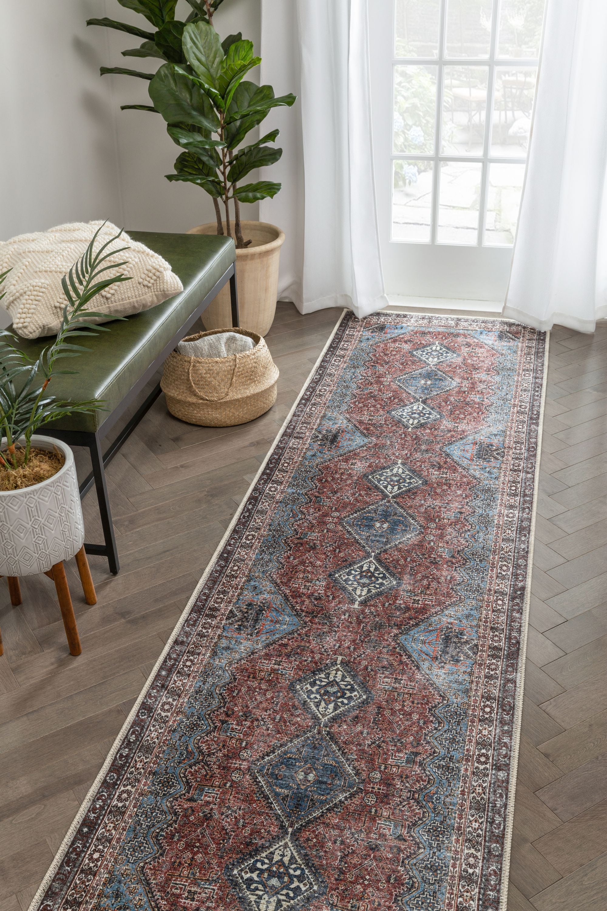 Menda, maschinenwaschbarer Vintage-Teppich im Bohemian-Stil, Meallion Oriental Blush, flach gewebt, im Used-Look