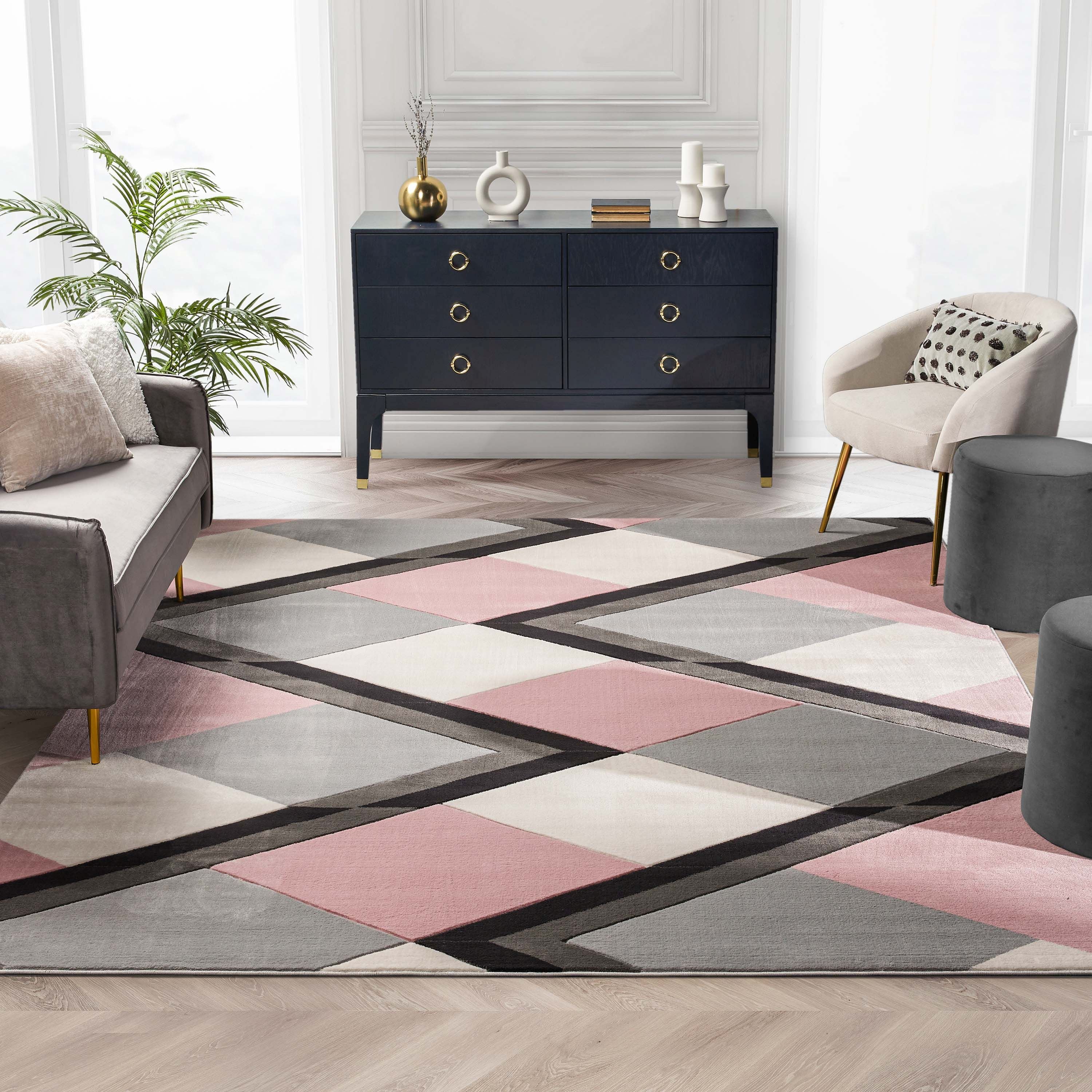 Nora Blush Pink Moderner Teppich mit geometrischen Streifen und 3D-Struktur