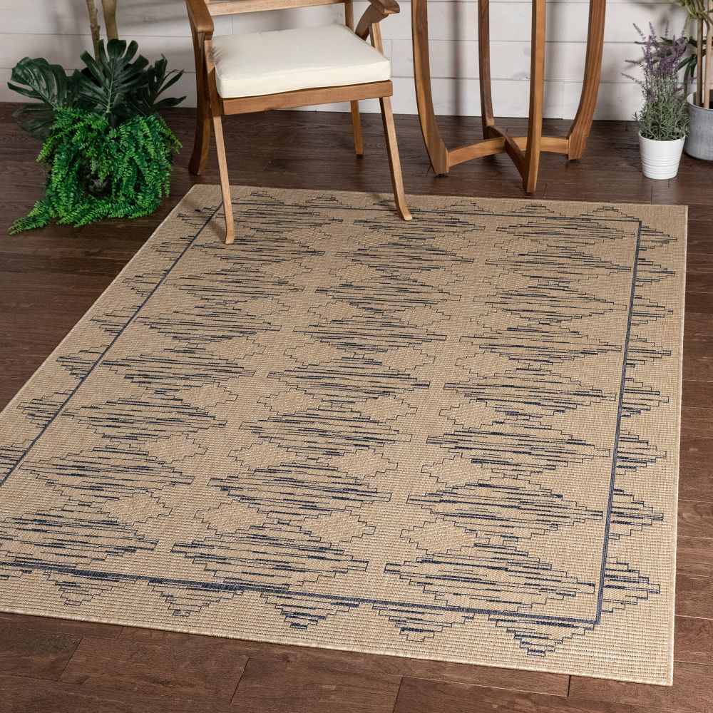 Vidar Trellis Diamond Pattern Indoor Outdoor Blau Beige Flachgewebe-Teppich